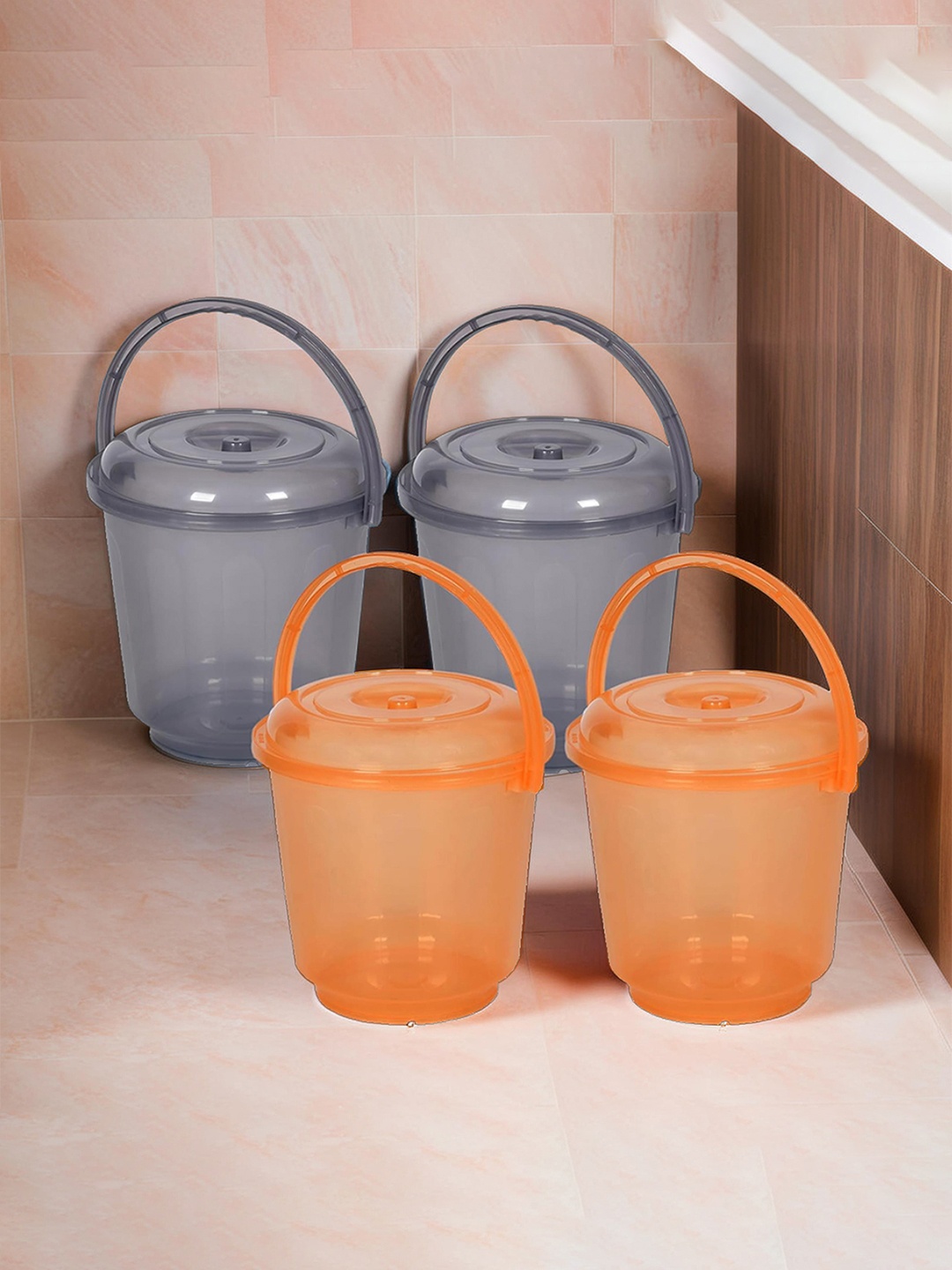 

Kuber Industries Grey & Orange 4 Pieces Bathroom Buckets With Lids