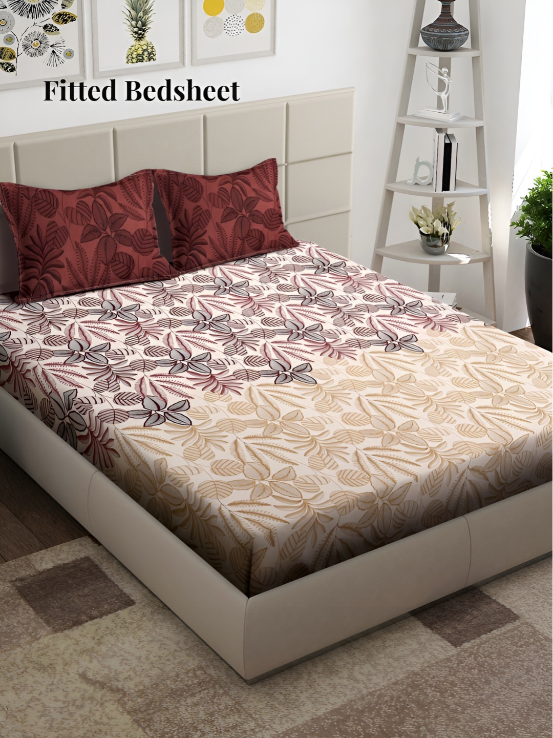 

Arrabi Cream-Coloured & Red Floral 300 TC King Bedsheet with 2 Pillow Covers