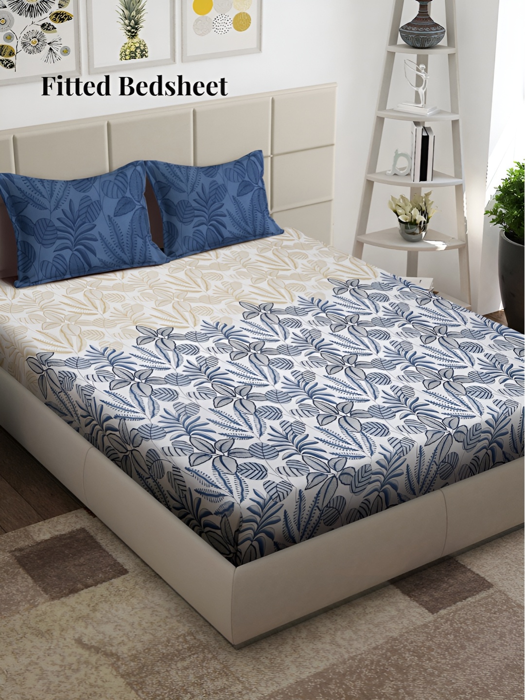 Arrabi White & Blue Floral 300 TC King Bedsheet with 2 Pillow Covers