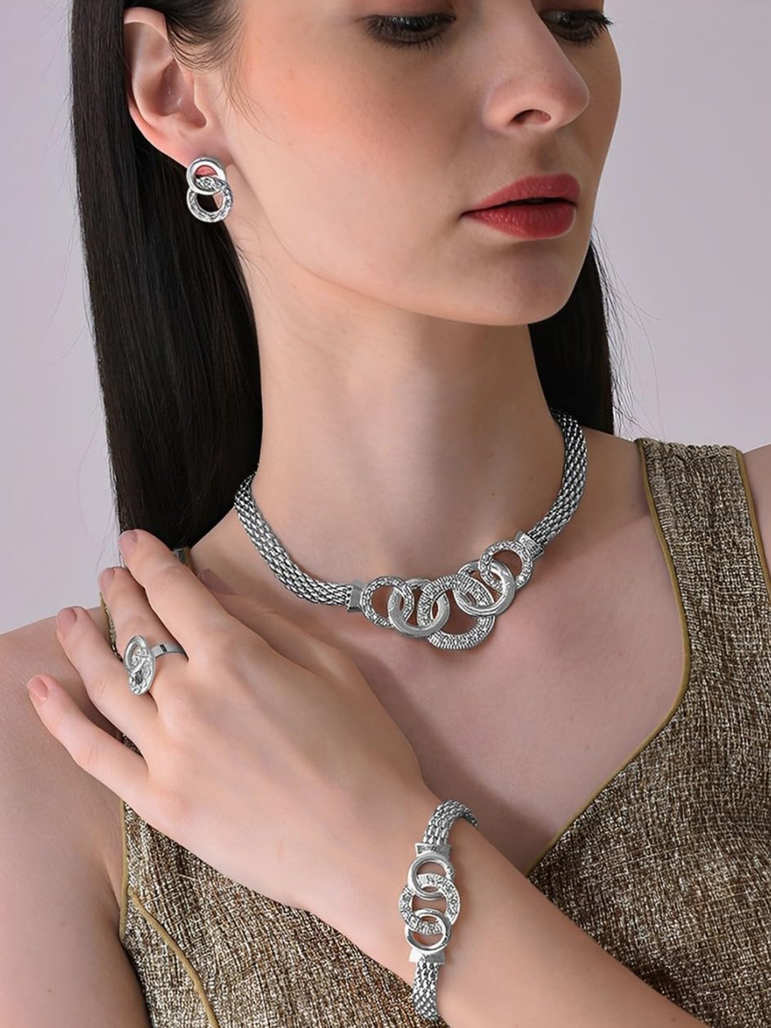 

SYGA Sliver-Plated CZ-Studded Jewellery Set, Silver