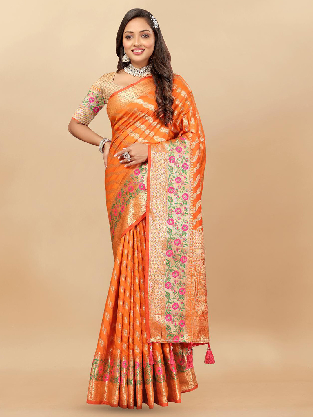 

PATIALAPICKS Striped Zari Pure Silk Paithani Saree, Orange