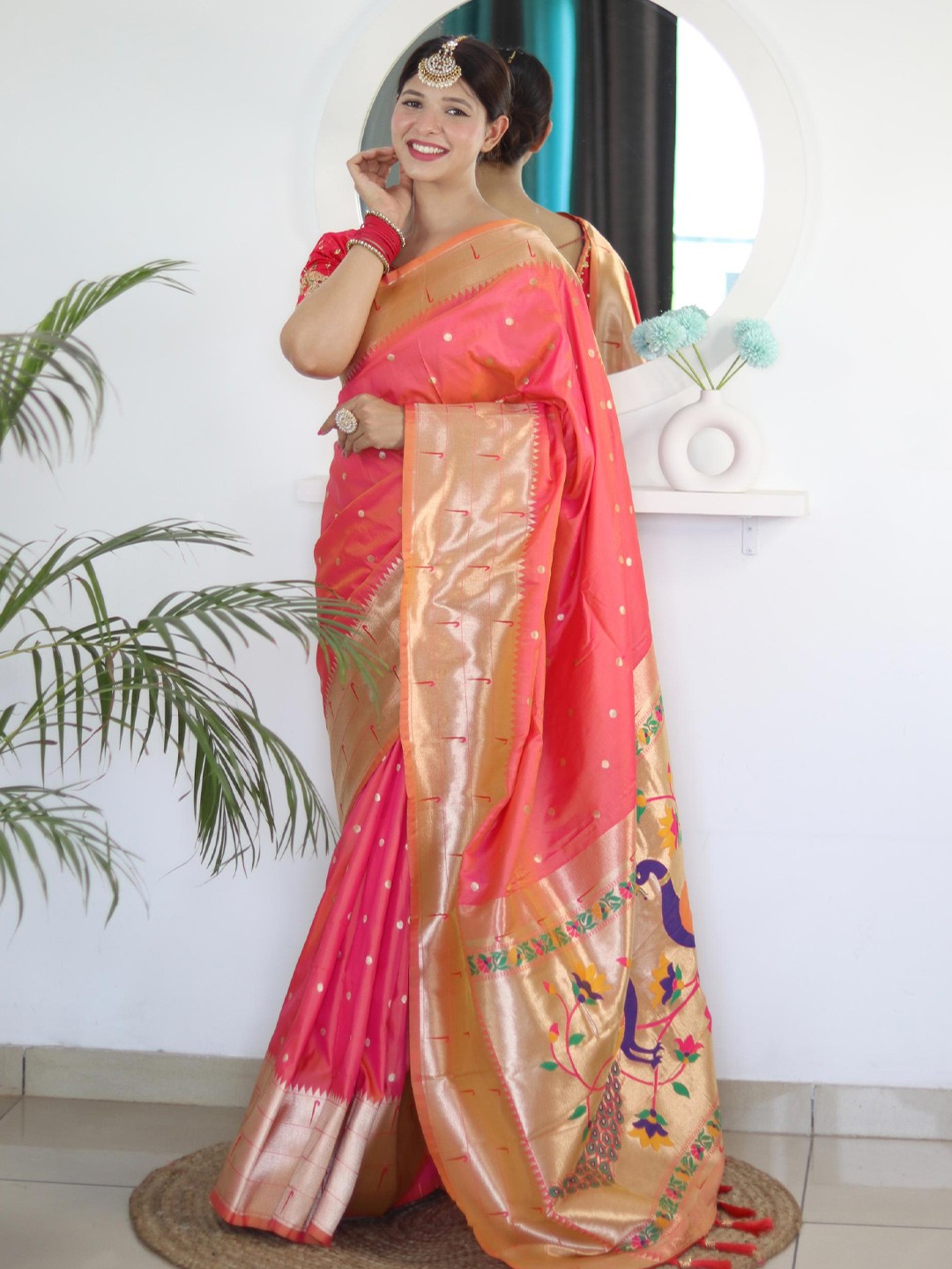 

PATIALAPICKS Ethnic Motifs Zari Pure Silk Paithani Saree, Peach
