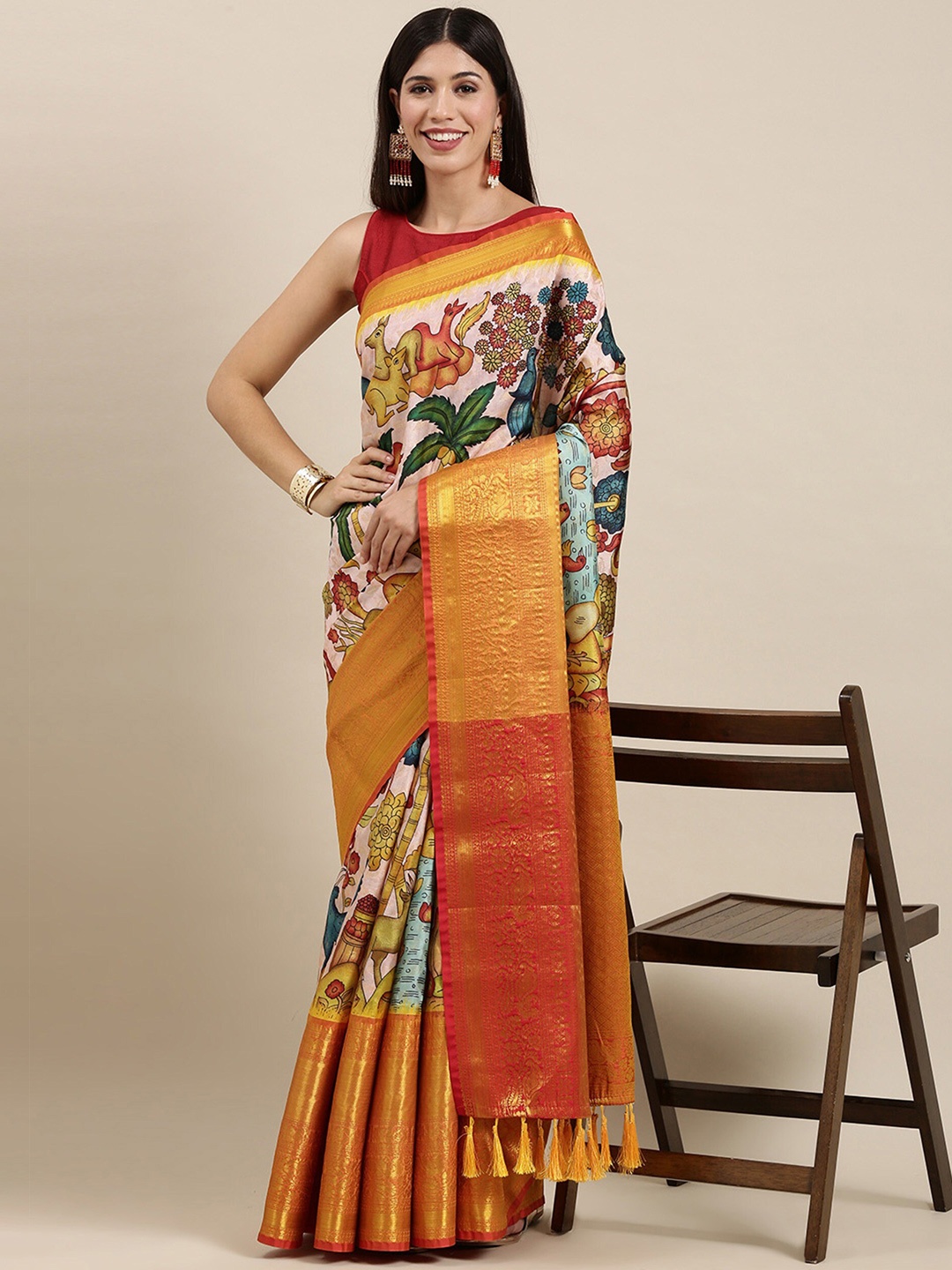 

PATIALAPICKS Ethnic Motifs Zari Pure Silk Paithani Saree, Orange