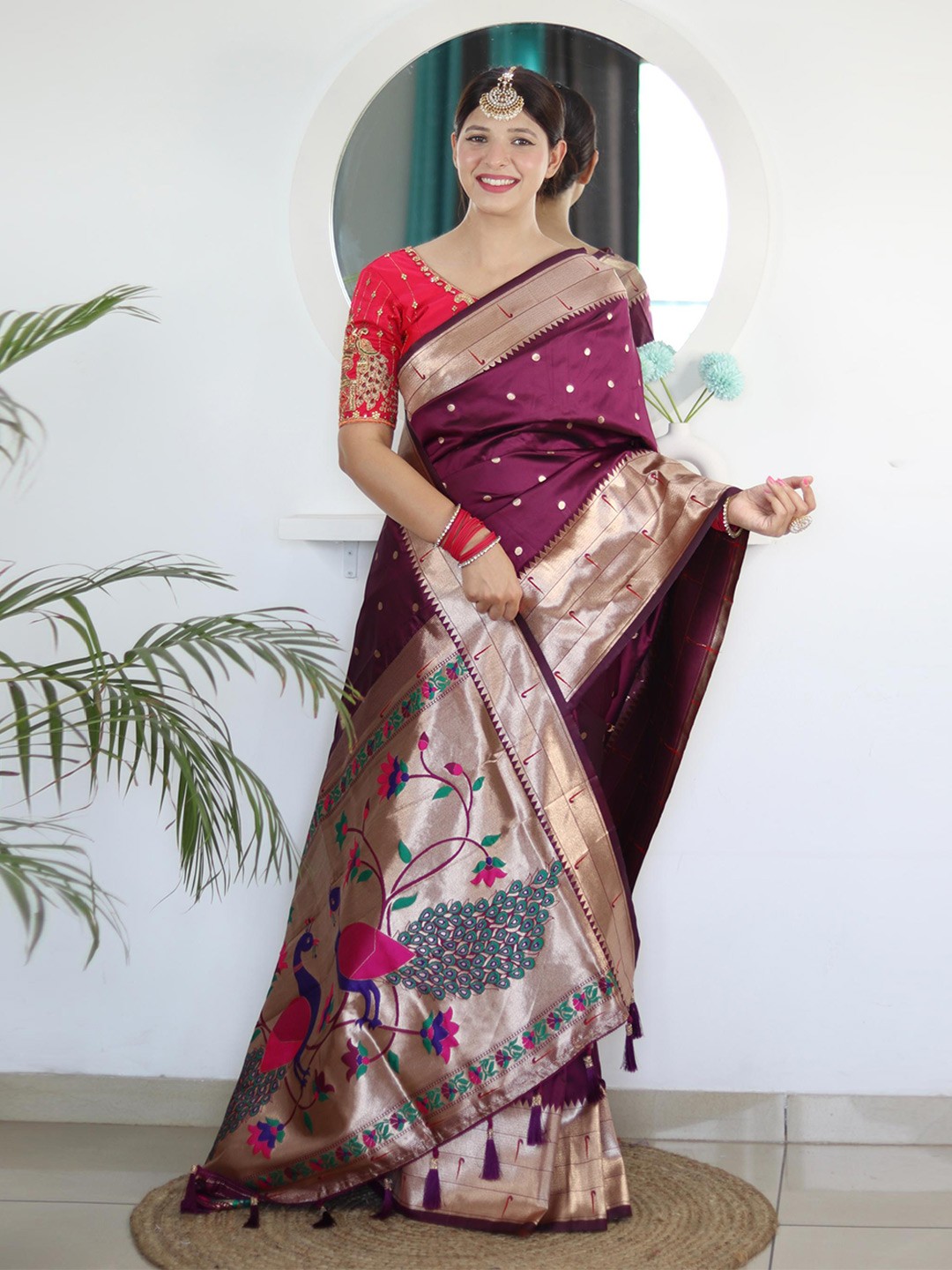 

PATIALAPICKS Woven Design Zari Pure Silk Paithani Saree, Purple