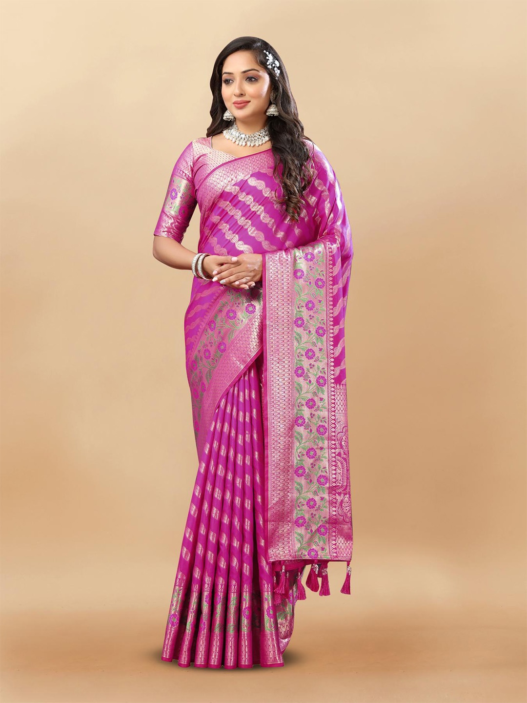 

PATIALAPICKS Striped Zari Pure Silk Paithani Saree, Magenta
