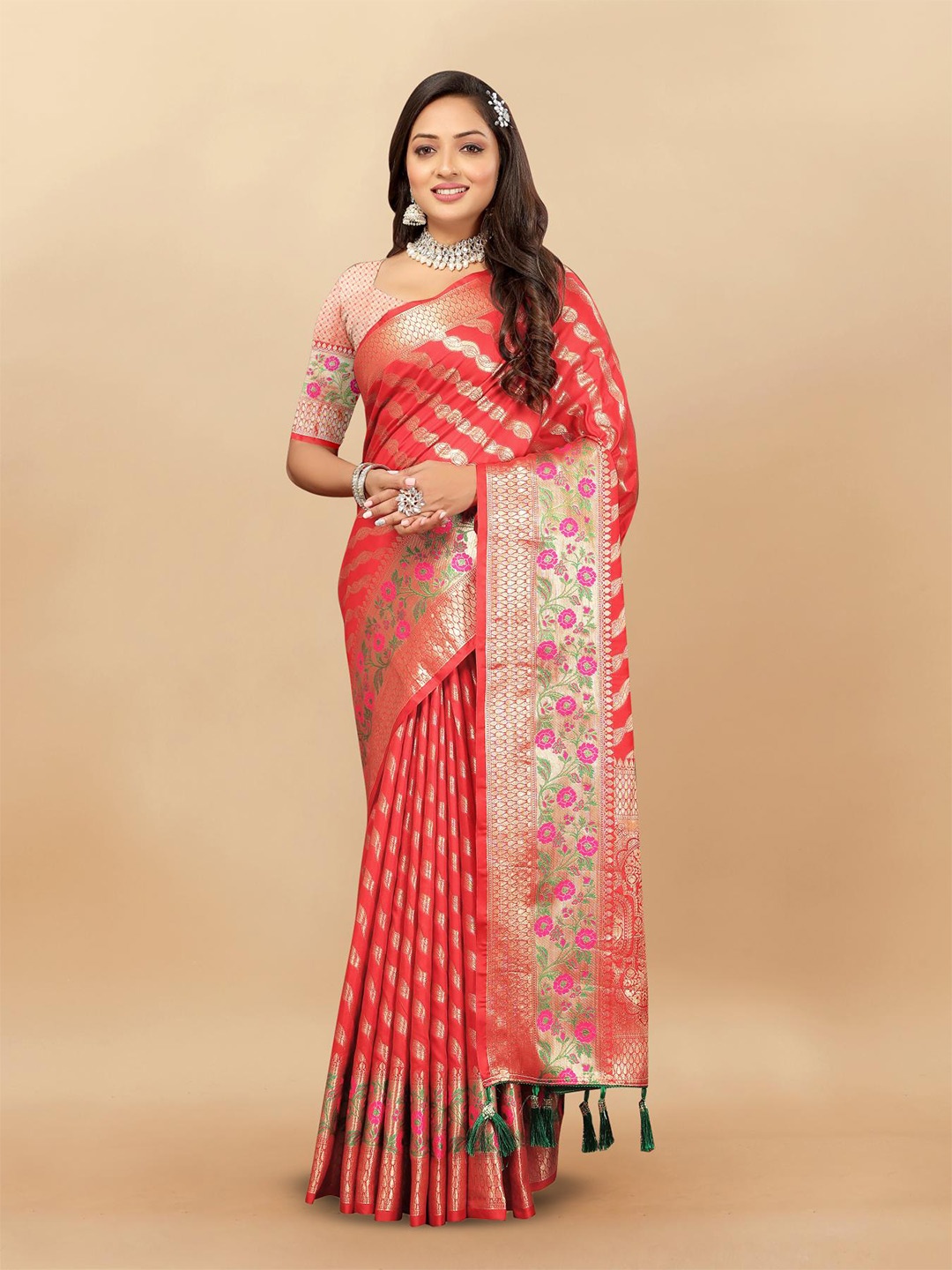

PATIALAPICKS Striped Zari Pure Silk Paithani Saree, Red