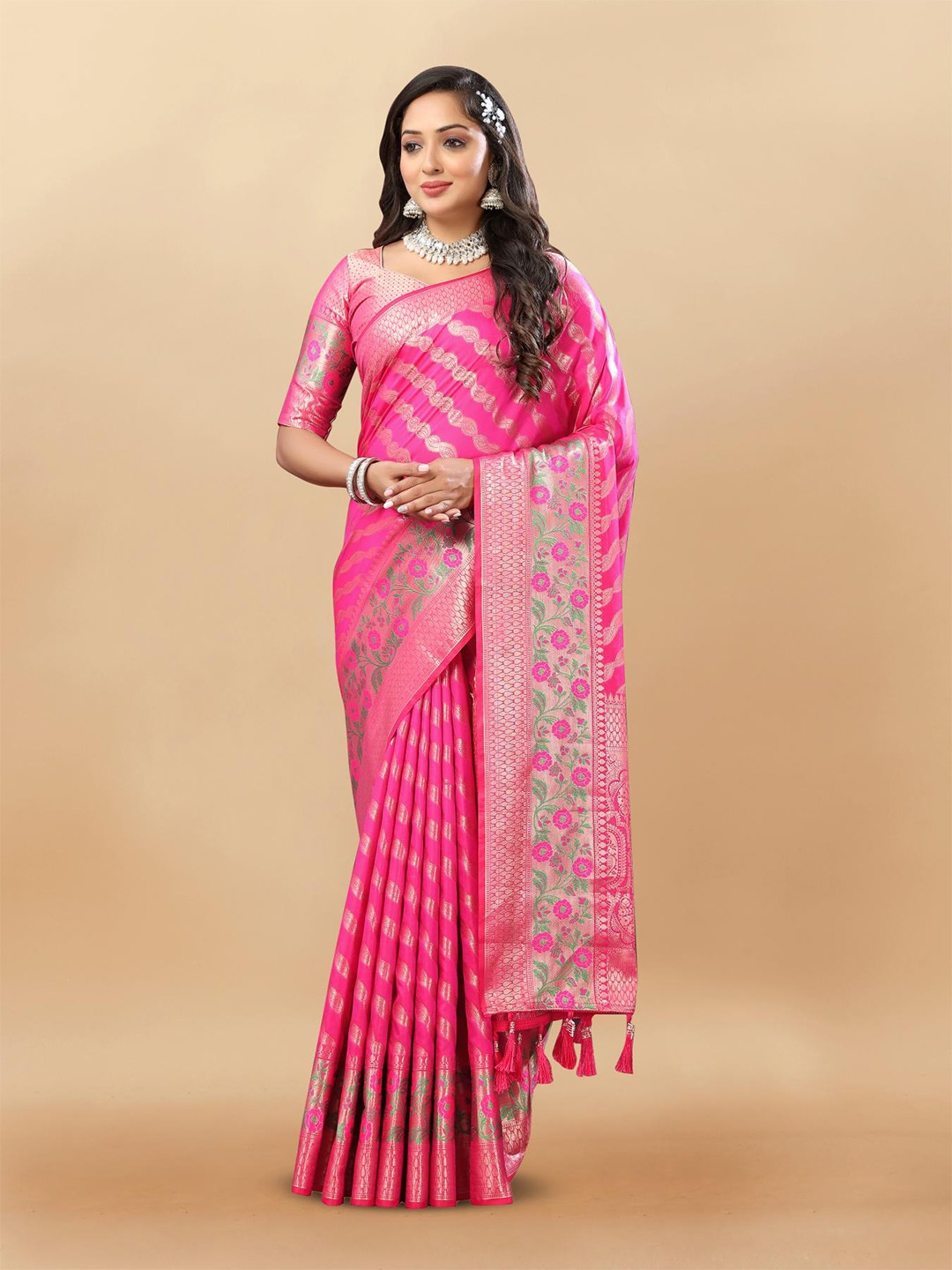 

PATIALAPICKS Striped Zari Pure Silk Paithani Saree, Pink