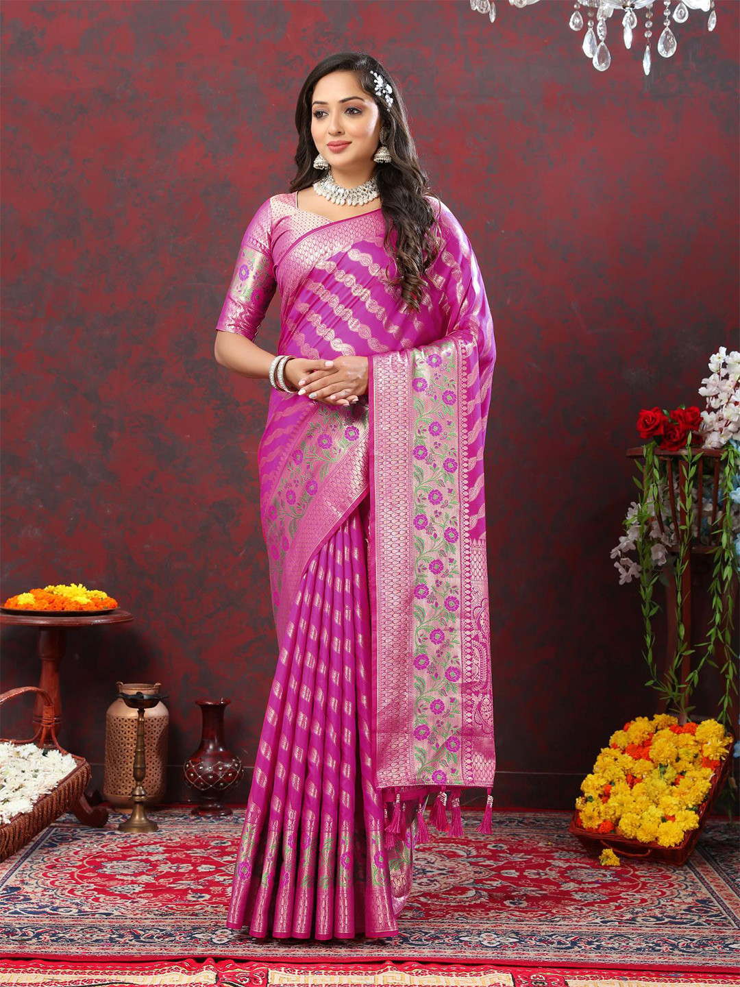 

PATIALAPICKS Striped Zari Pure Silk Paithani Saree, Magenta