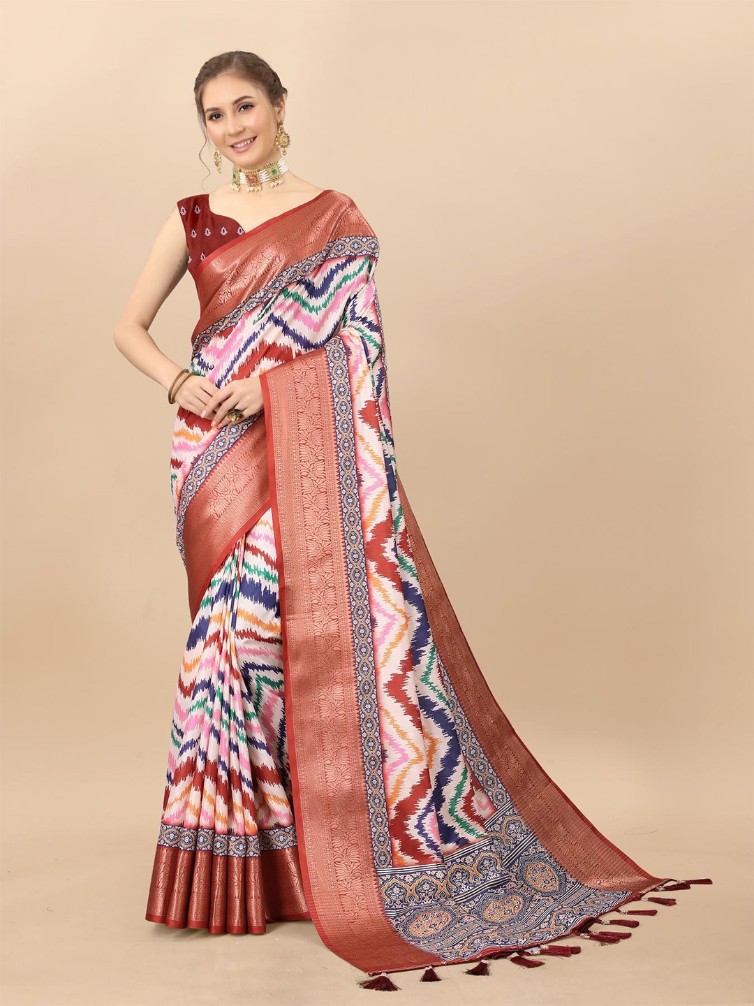 

PATIALAPICKS Striped Zari Pure Silk Paithani Saree, Red