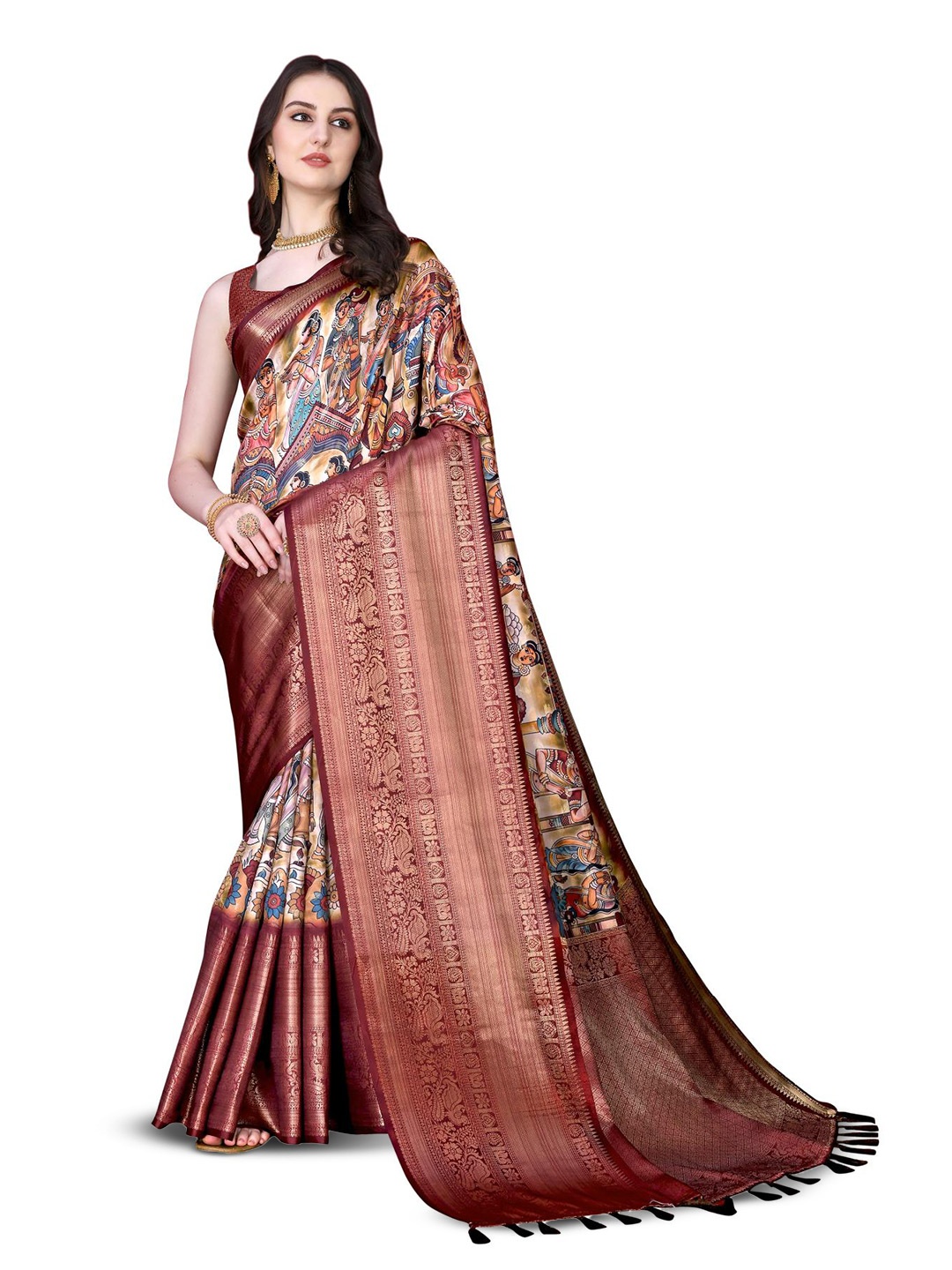 

PATIALAPICKS Ethnic Motifs Zari Pure Silk Paithani Saree, Brown