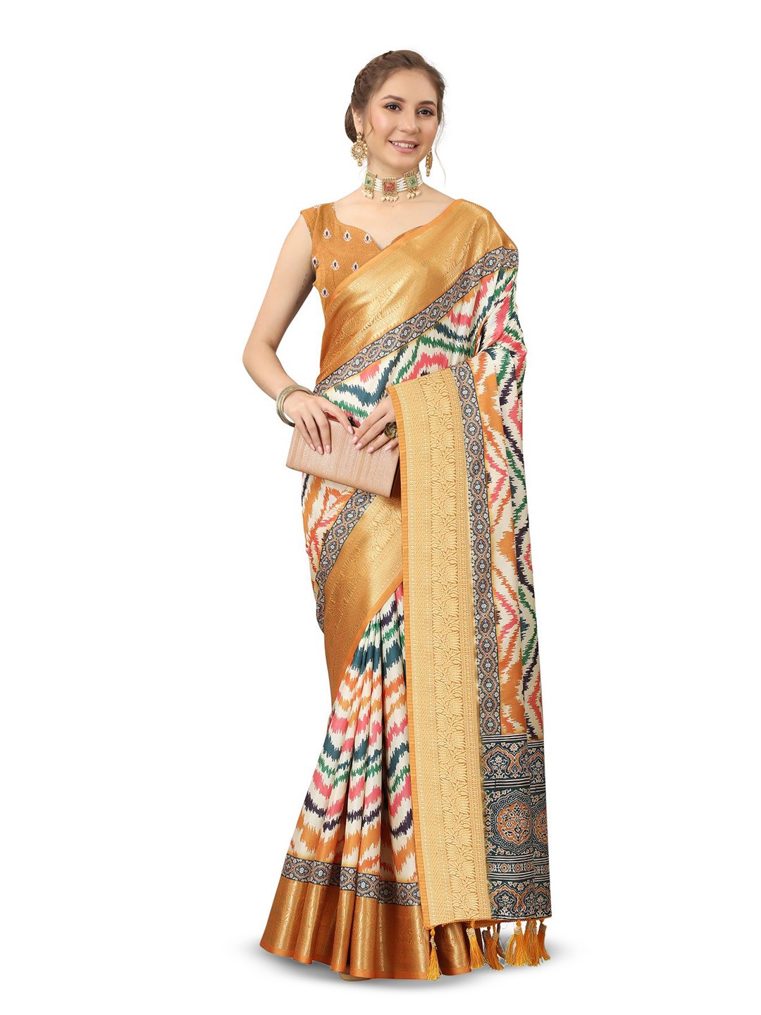 

PATIALAPICKS Striped Zari Pure Silk Paithani Saree with Tassels, Orange