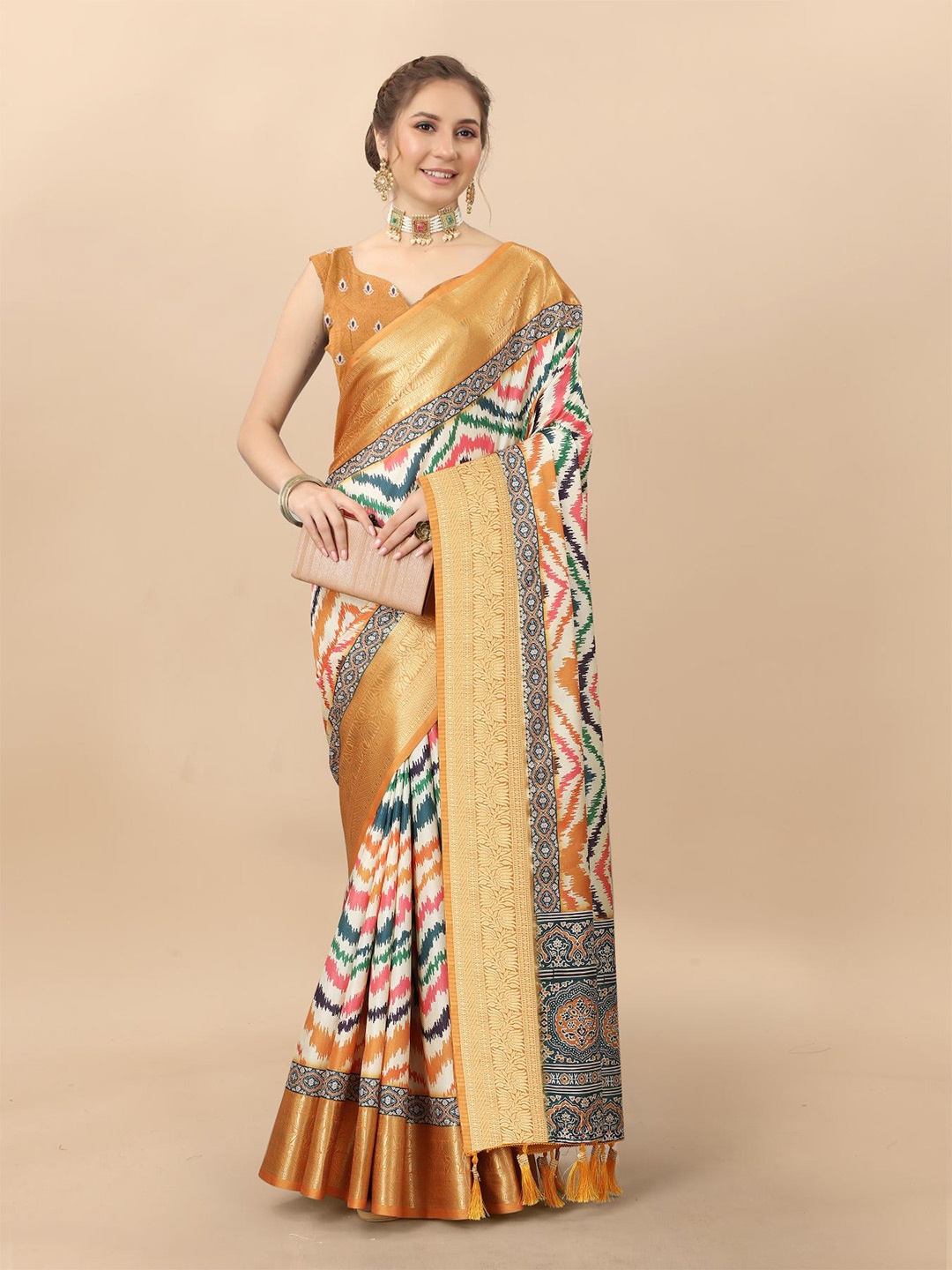 

PATIALAPICKS Striped Zari Pure Silk Paithani Saree with Tassels, Orange