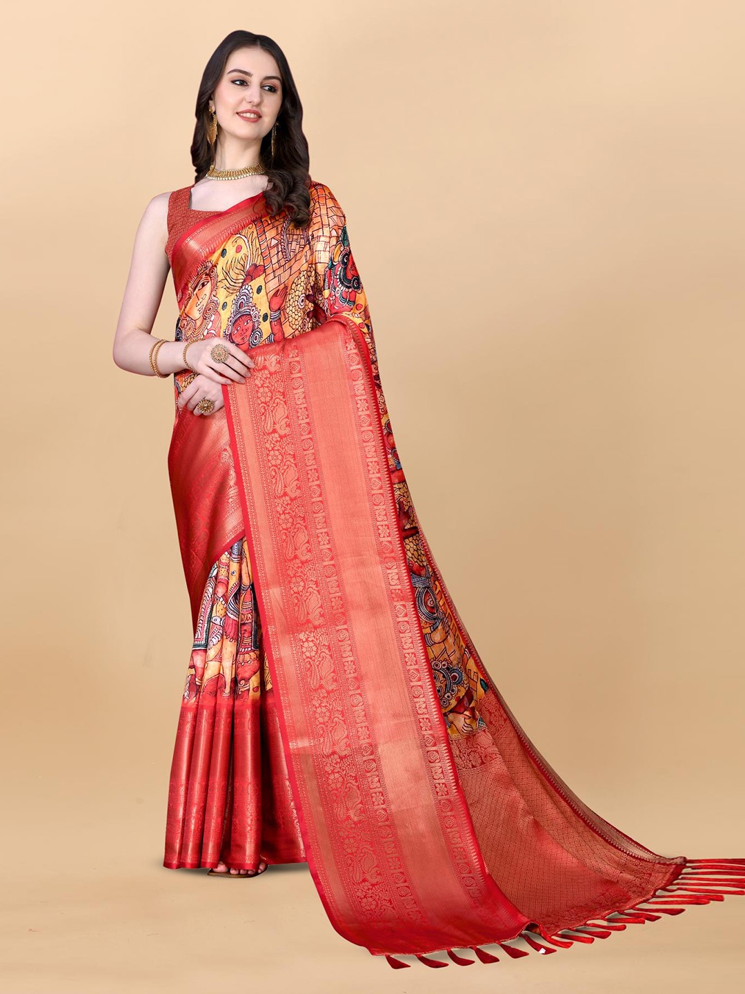 

PATIALAPICKS Ethnic Motifs Zari Pure Silk Paithani Saree, Red