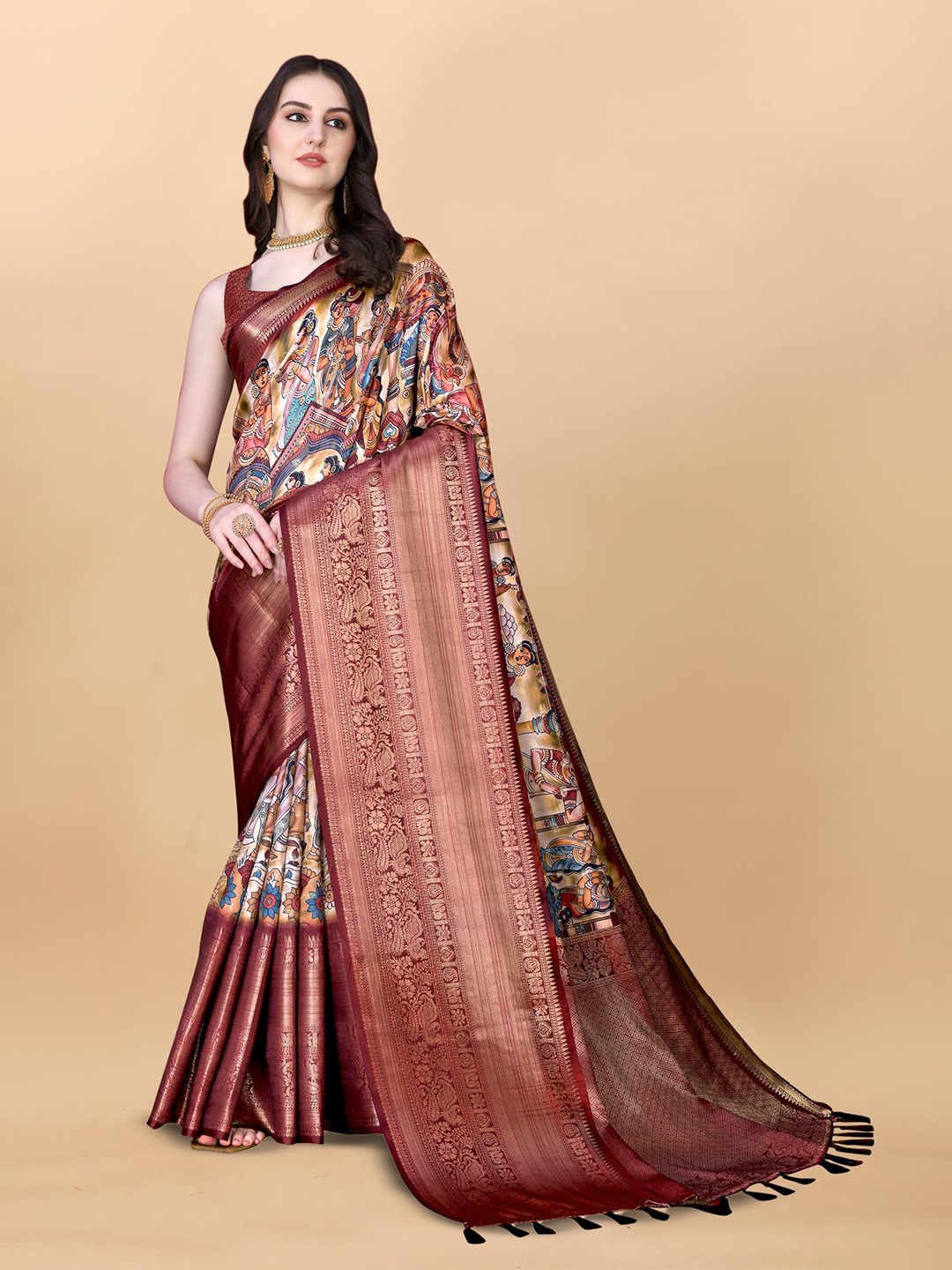 

PATIALAPICKS Ethnic Motifs Zari Pure Silk Paithani Saree, Brown