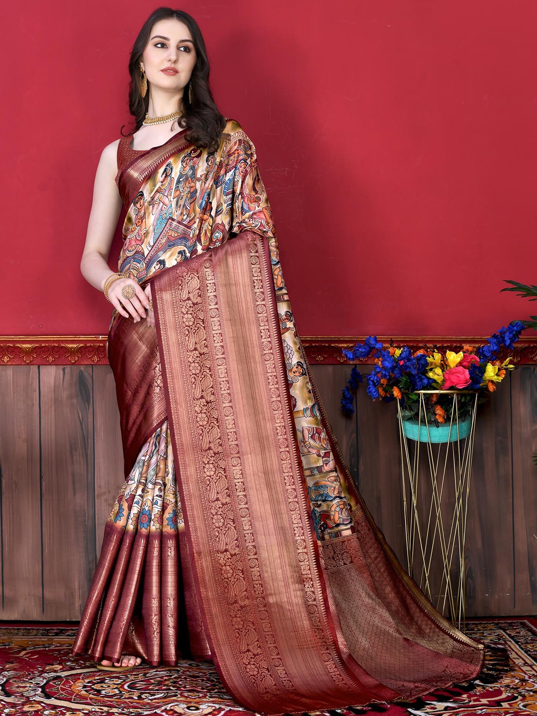 

PATIALAPICKS Ethnic Motifs Zari Pure Silk Paithani Saree, Brown