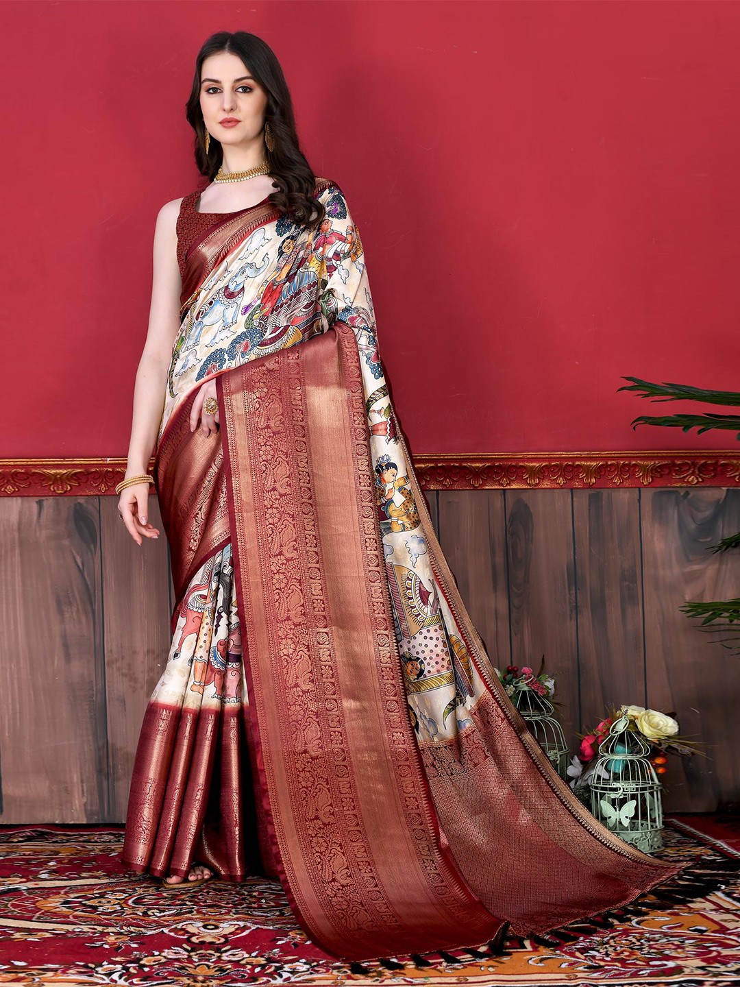

PATIALAPICKS Ethnic Motifs Zari Pure Silk Paithani Saree, Maroon