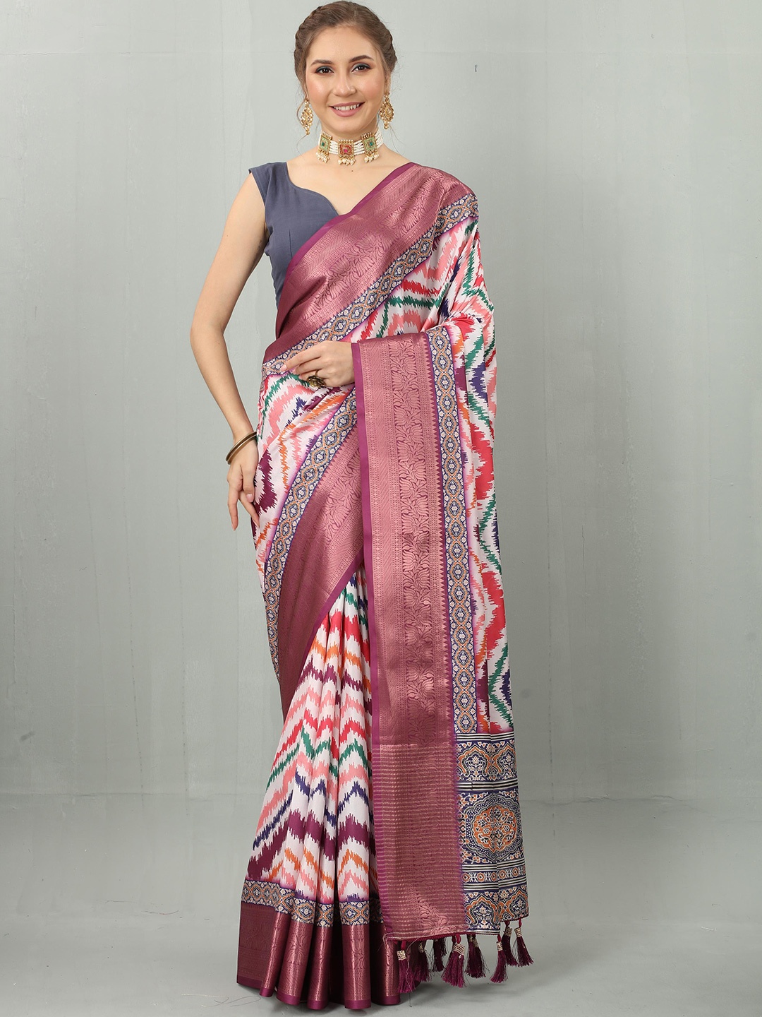 

PATIALAPICKS Striped Zari Pure Silk Paithani Saree, Pink