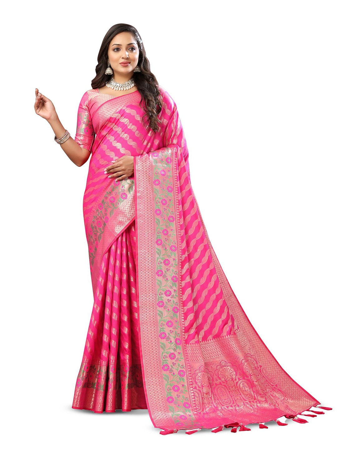 

PATIALAPICKS Striped Zari Pure Silk Paithani Saree, Pink