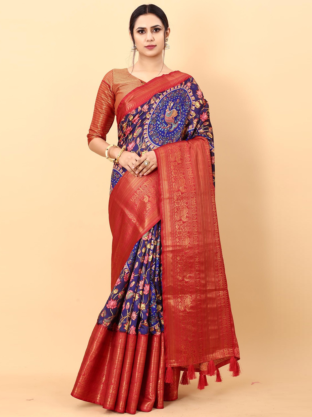 

PATIALAPICKS Ethnic Motifs Zari Pure Silk Paithani Saree, Blue