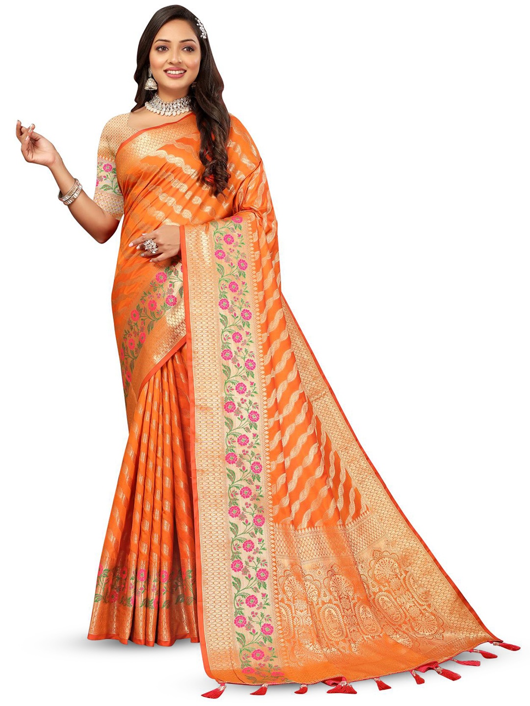 

PATIALAPICKS Striped Zari Pure Silk Paithani Saree, Orange