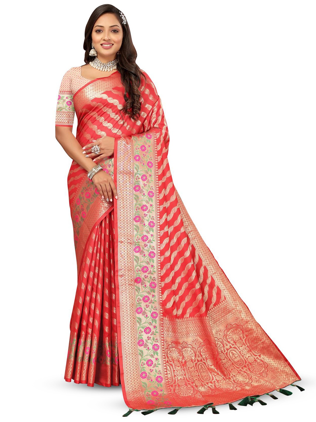

PATIALAPICKS Striped Zari Pure Silk Paithani Saree, Red