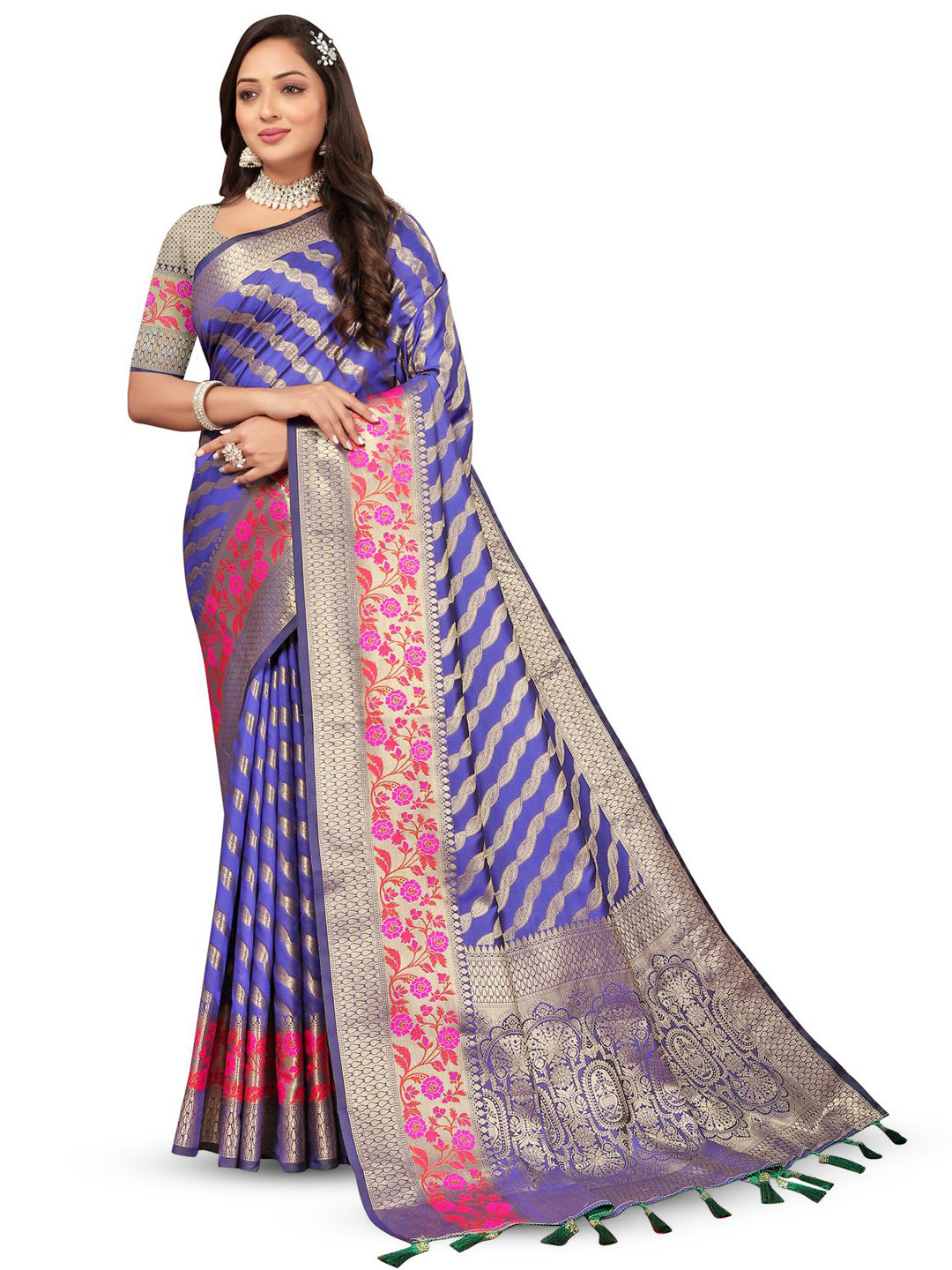

PATIALAPICKS Striped Zari Pure Silk Paithani Saree, Purple