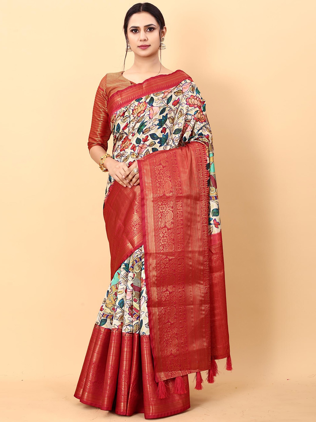 

PATIALAPICKS Floral Printed Zari Pure Silk Paithani Saree, Cream