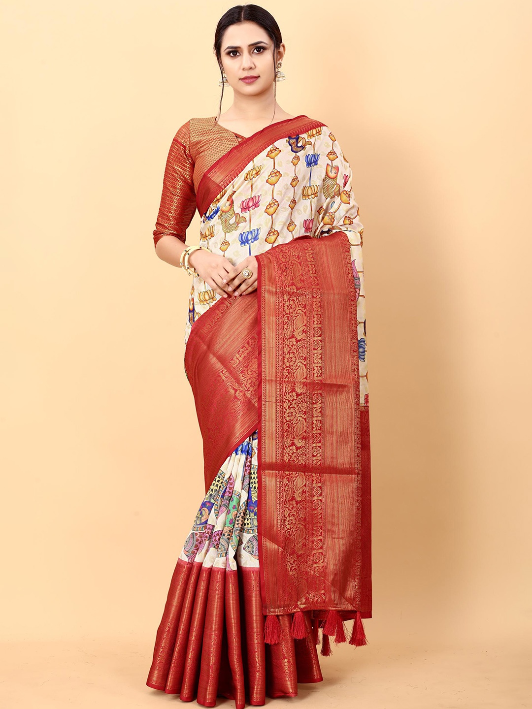 

PATIALAPICKS Ethnic Motifs Printed Zari Pure Silk Paithani Saree, Off white