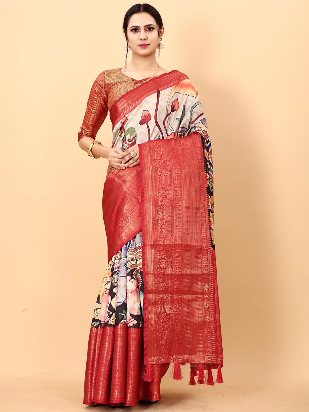 

PATIALAPICKS Ethnic Motifs Zari Pure Silk Paithani Saree, White