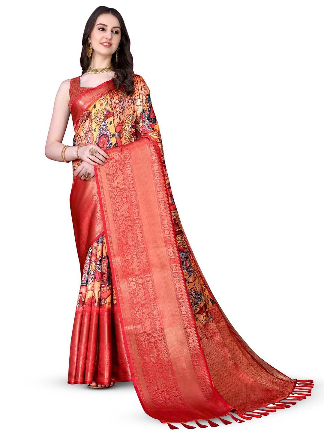 

PATIALAPICKS Ethnic Motifs Zari Pure Silk Paithani Saree with Tassels, Red