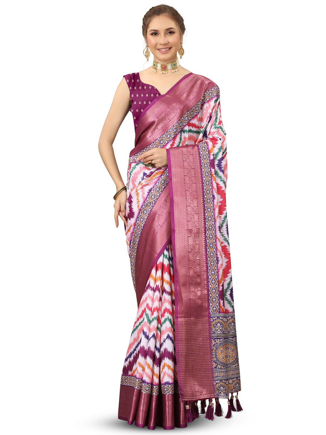 

PATIALAPICKS Striped Zari Pure Silk Paithani Saree, Pink