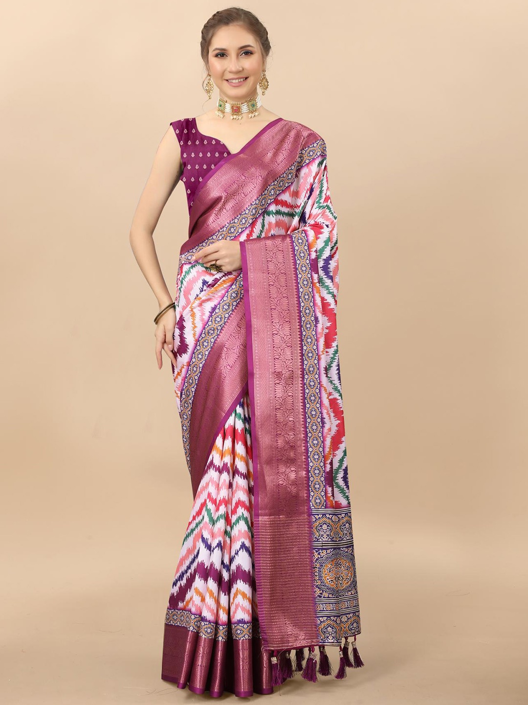 

PATIALAPICKS Striped Zari Pure Silk Paithani Saree with Tassels, Pink