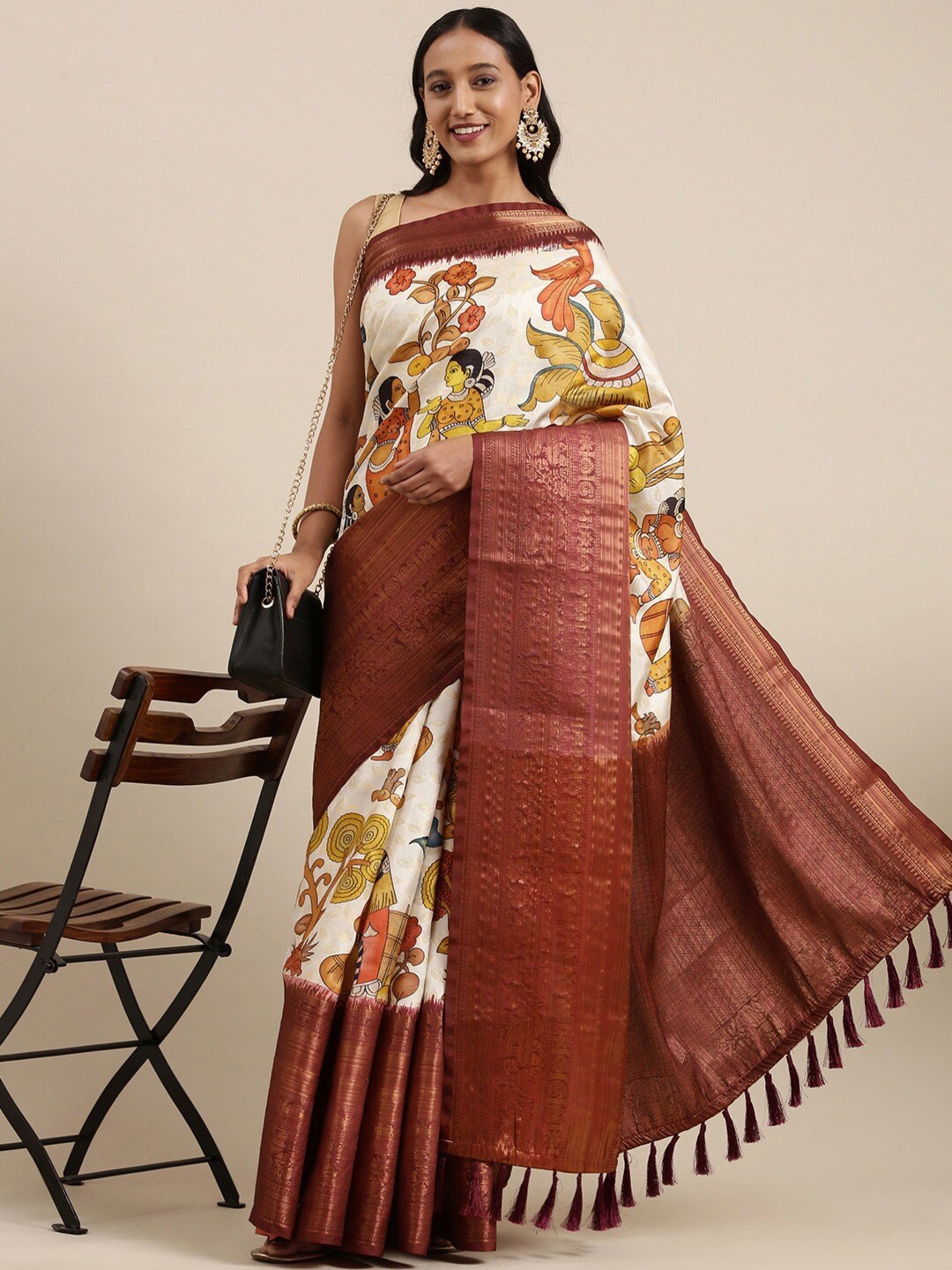 

PATIALAPICKS Ethnic Motifs Printed Zari Pure Silk Paithani Saree, White