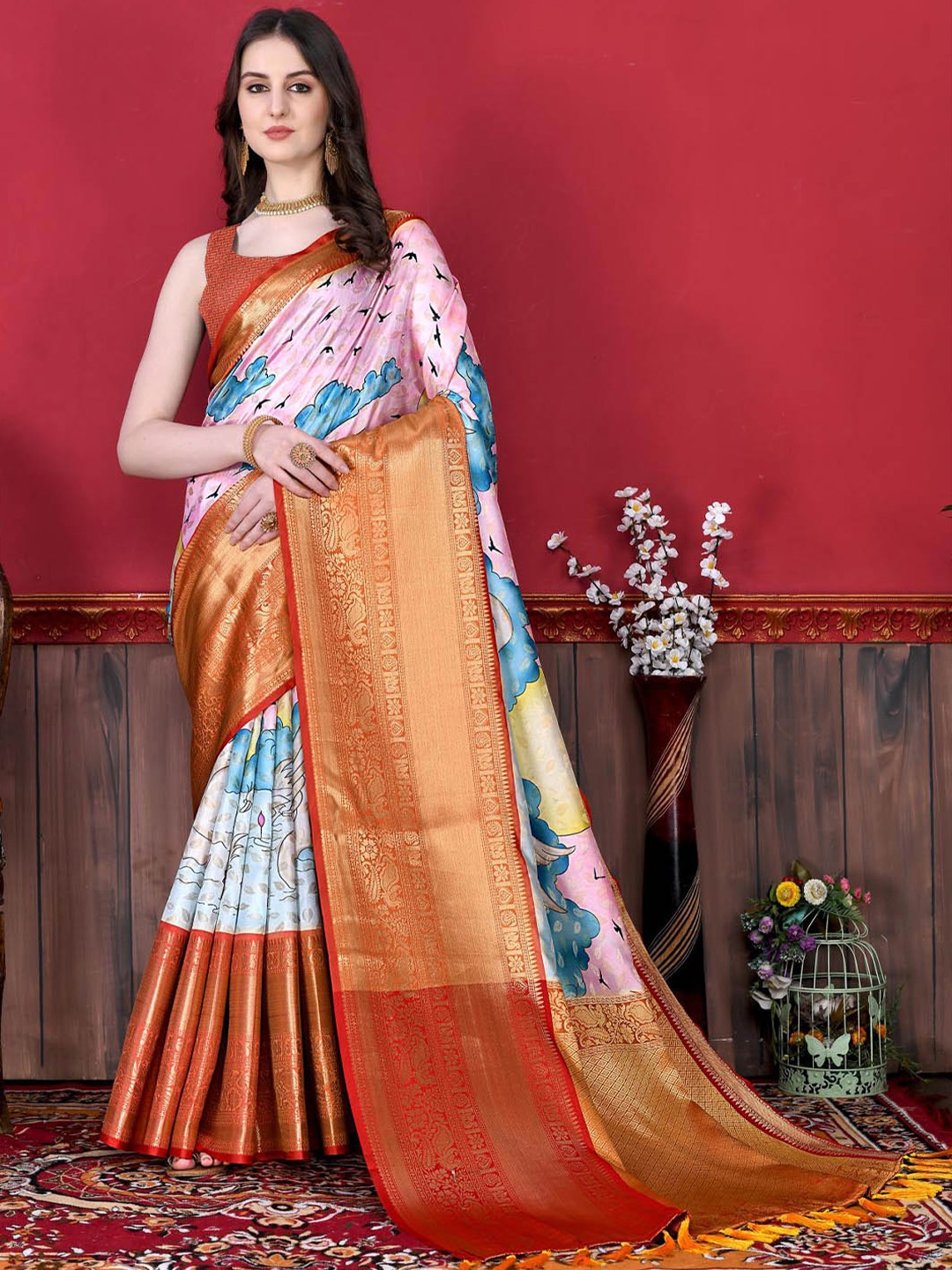 

PATIALAPICKS Ethnic Motifs Zari Pure Silk Paithani Saree, Orange