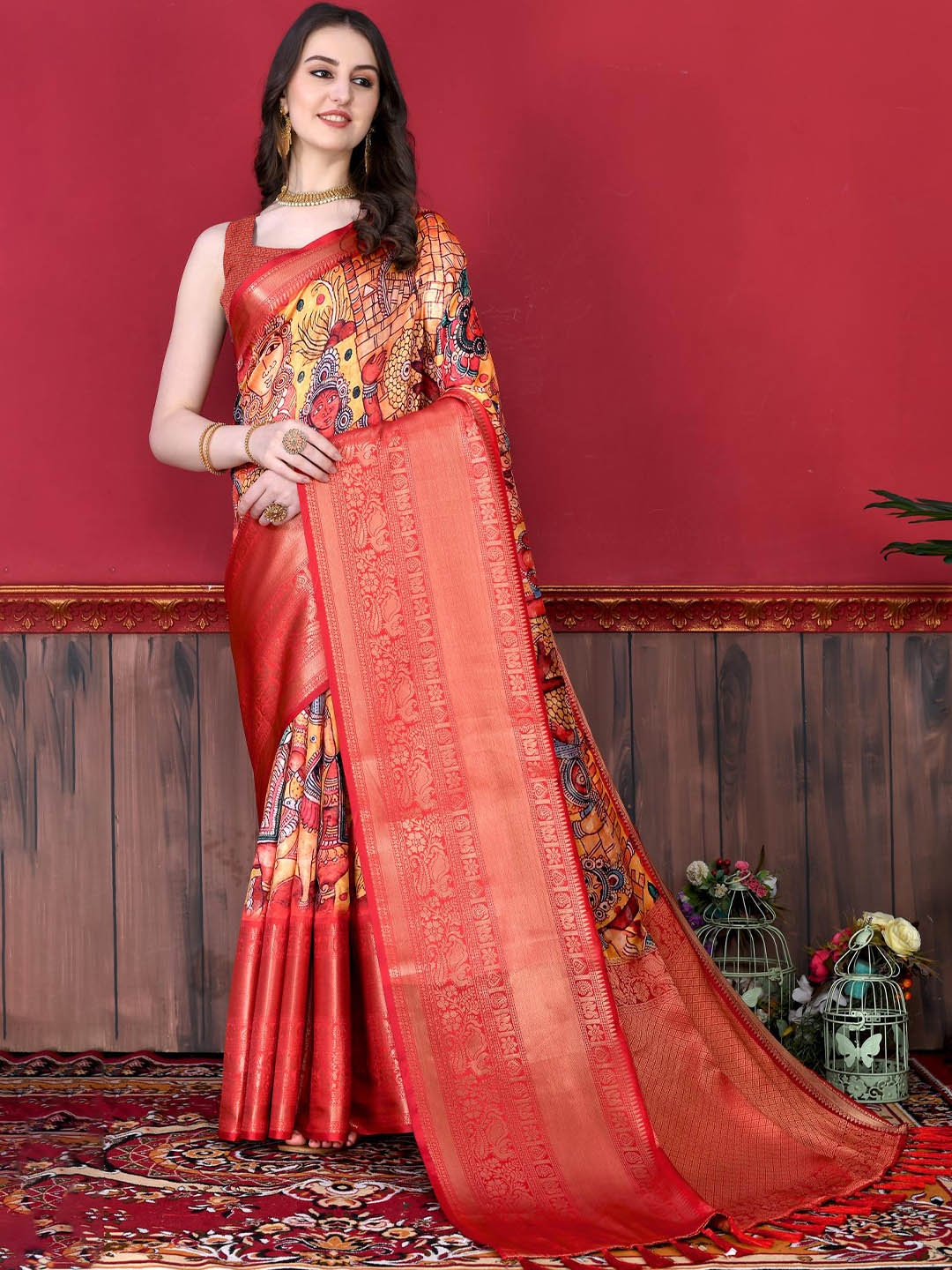 

PATIALAPICKS Ethnic Motifs Printed Zari Pure Silk Paithani Saree, Red