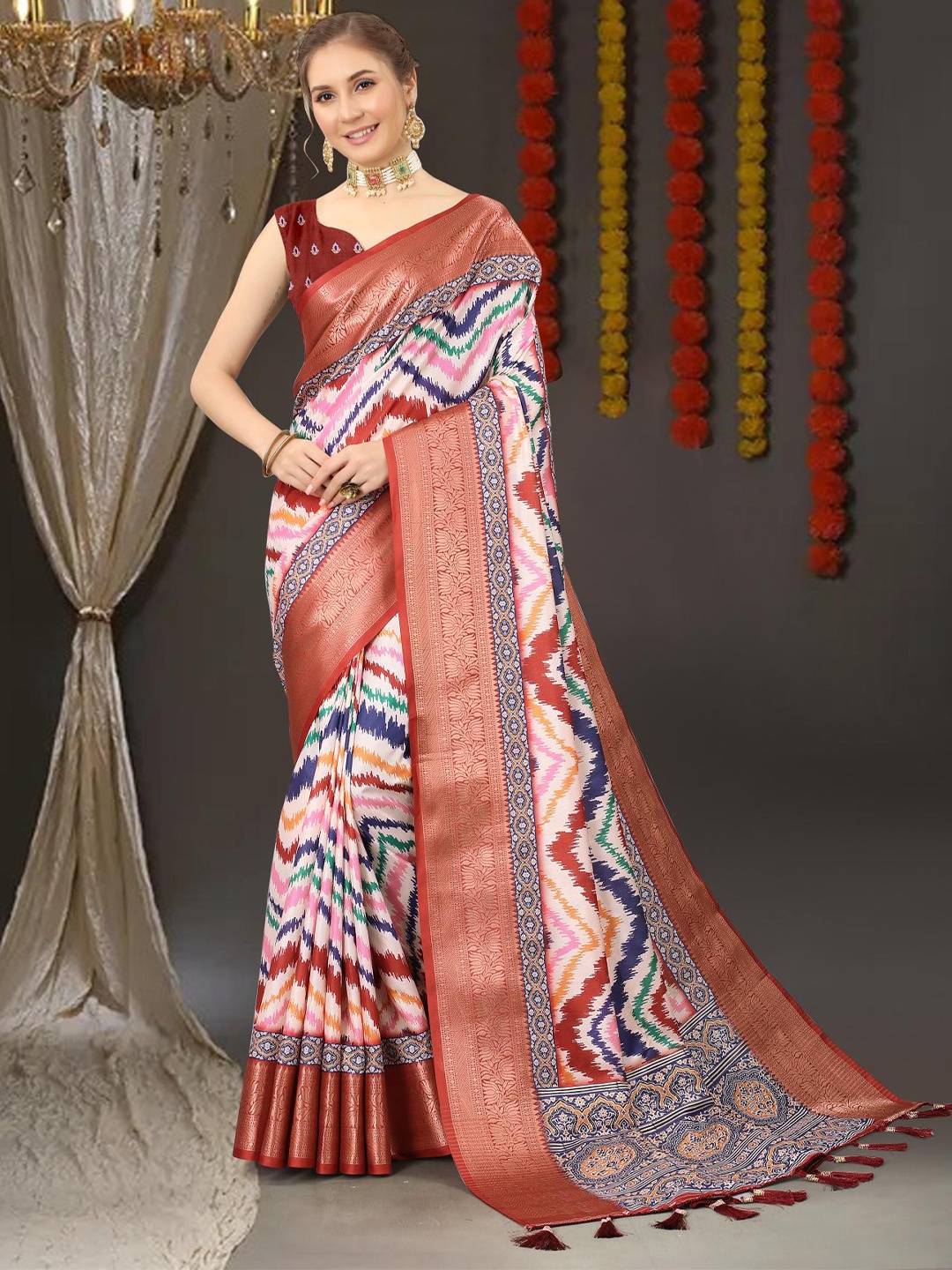 

PATIALAPICKS Striped Zari Pure Silk Paithani Saree, Red