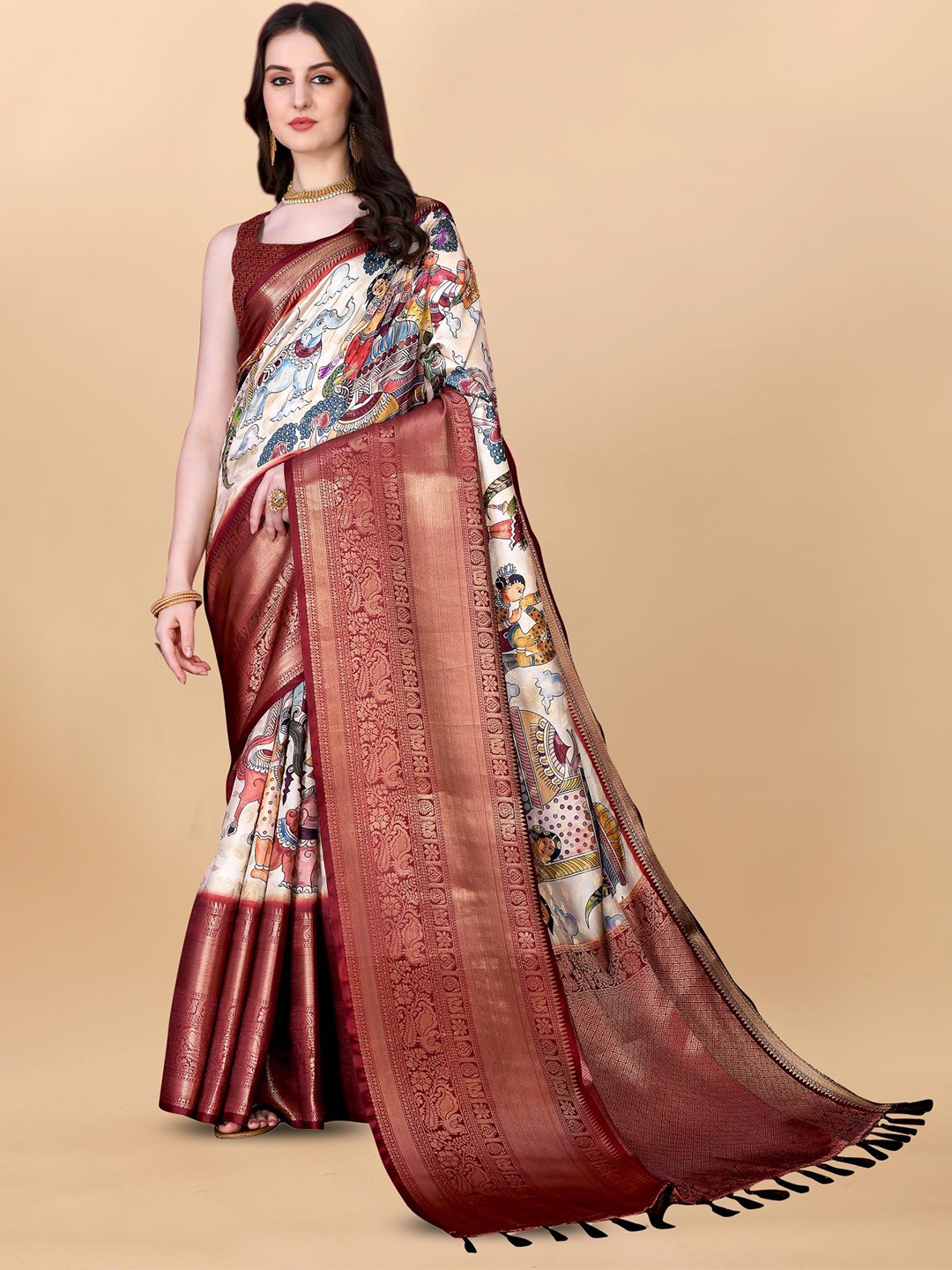 

PATIALAPICKS Ethnic Motifs Zari Pure Silk Paithani Saree with Tassels, Maroon
