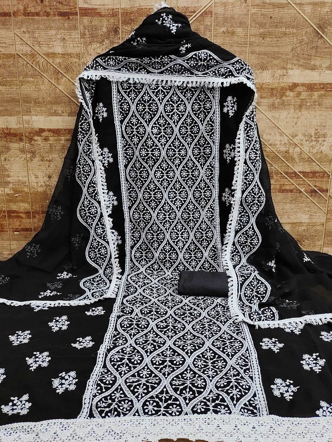 

KALINI Embroidered Unstitched Dress Material, Black