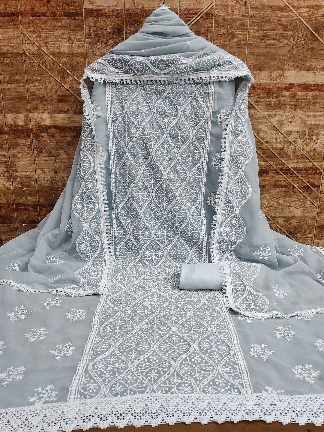

KALINI Embroidered Unstitched Dress Material, Grey