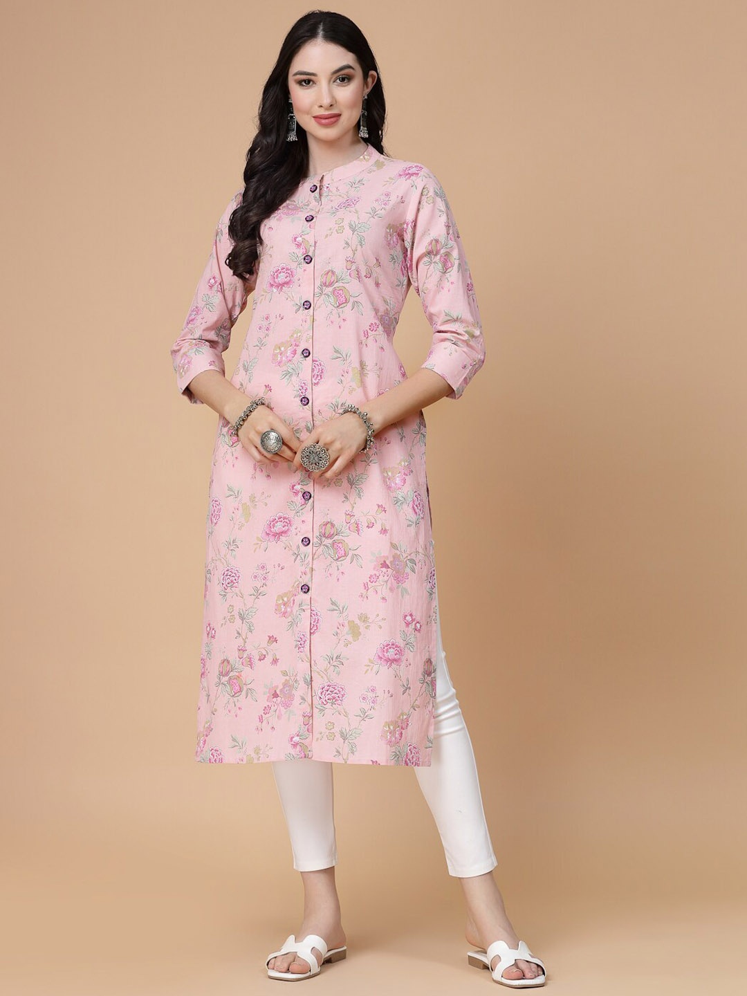 

SEVEN FLOWER Floral Printed Mandarin Collar Pure Cotton Straight Kurta, Pink
