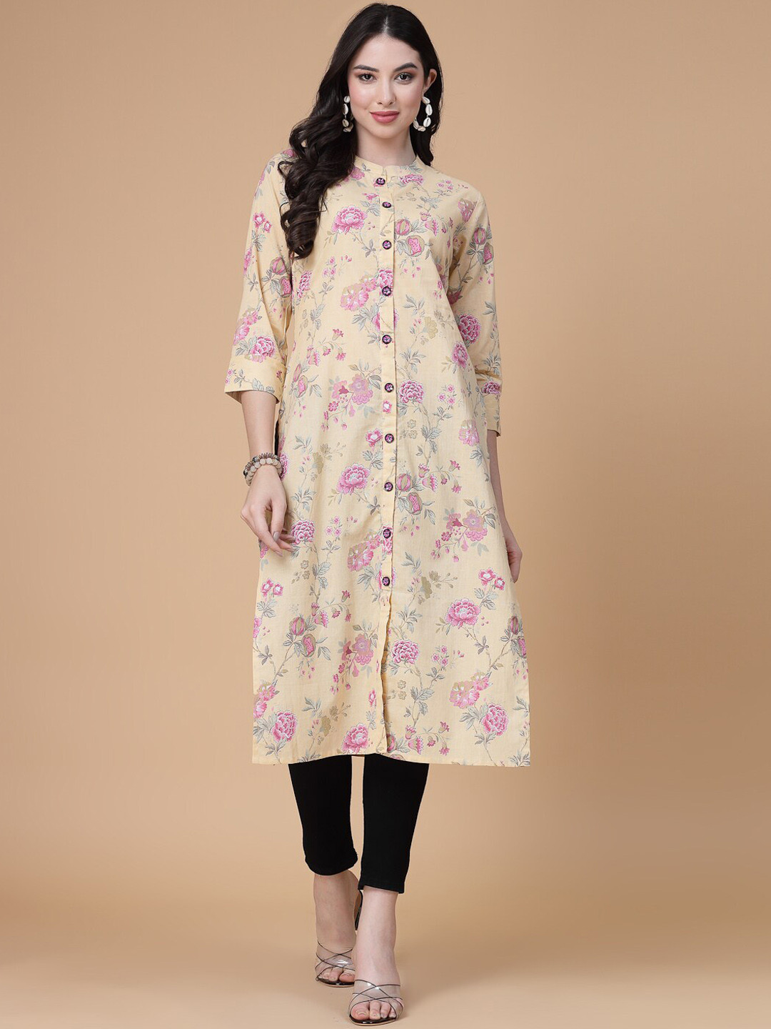 

SEVEN FLOWER Floral Printed Mandarin Collar Pure Cotton Straight Kurta, Yellow