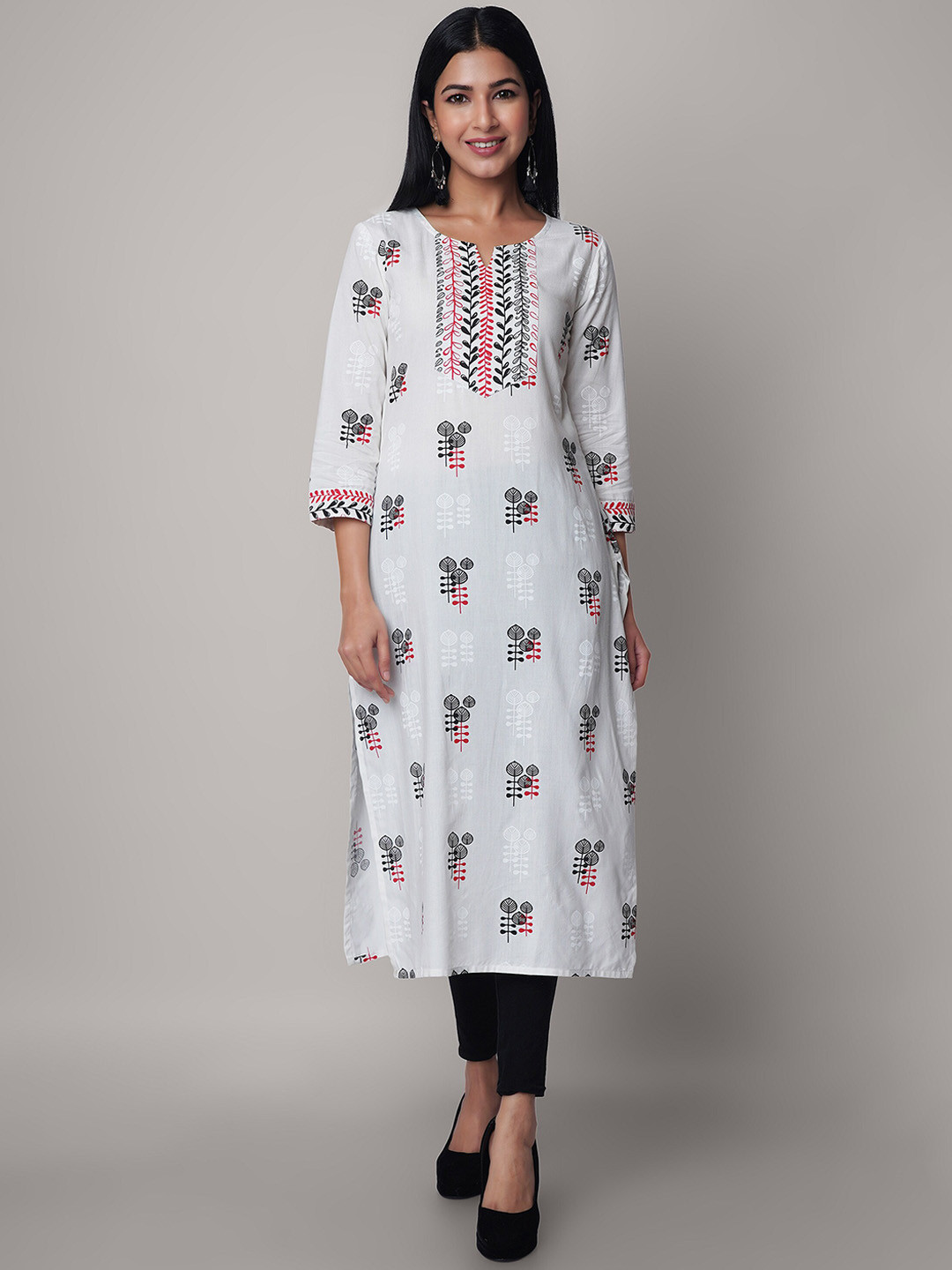 

SEVEN FLOWER Ethnic Motifs Printed Round Neck Straight Kurta, White