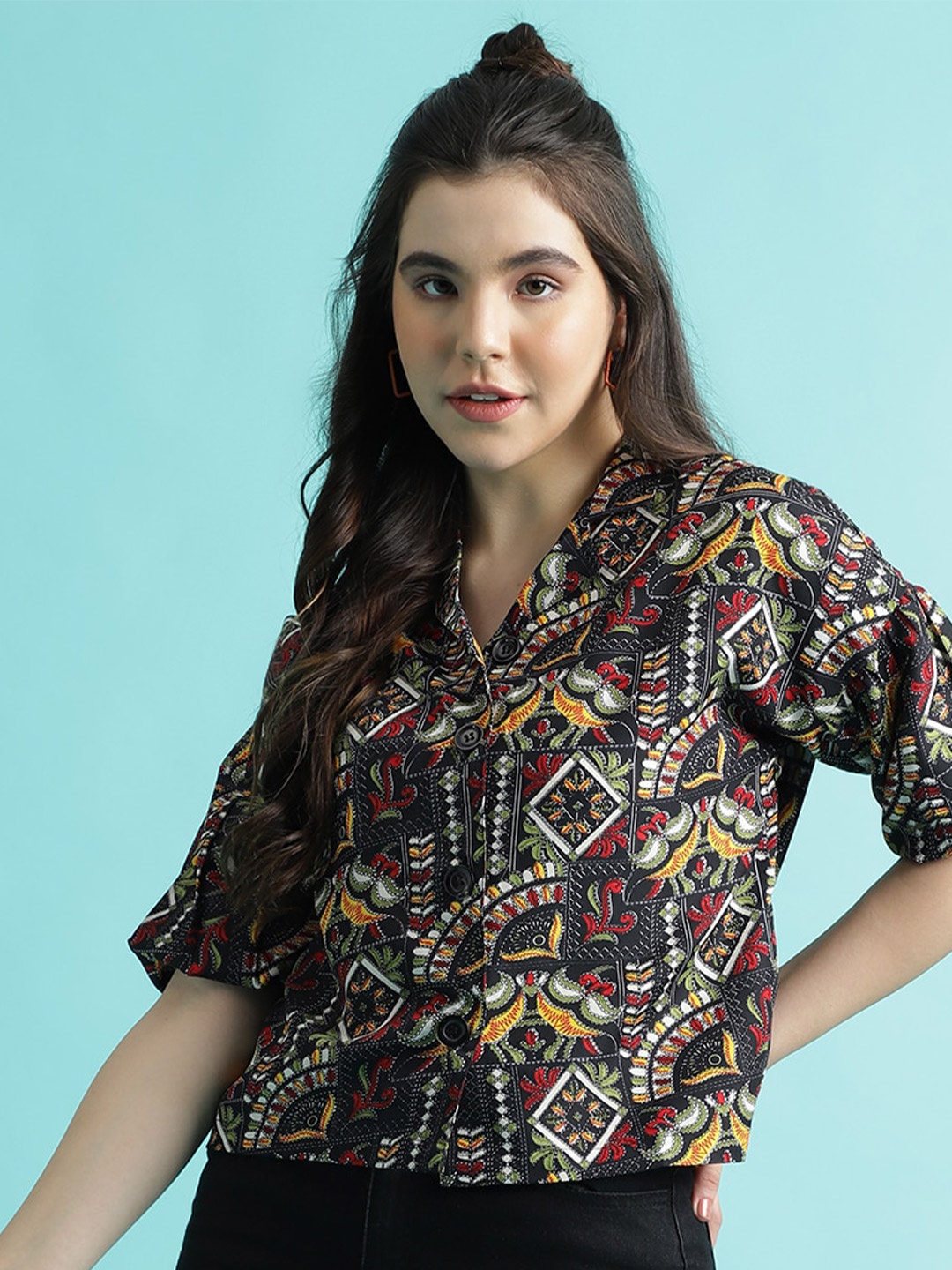 

DressBerry Black Ethnic Motifs Printed Shirt Collar Puff Sleeve Shirt Style Top