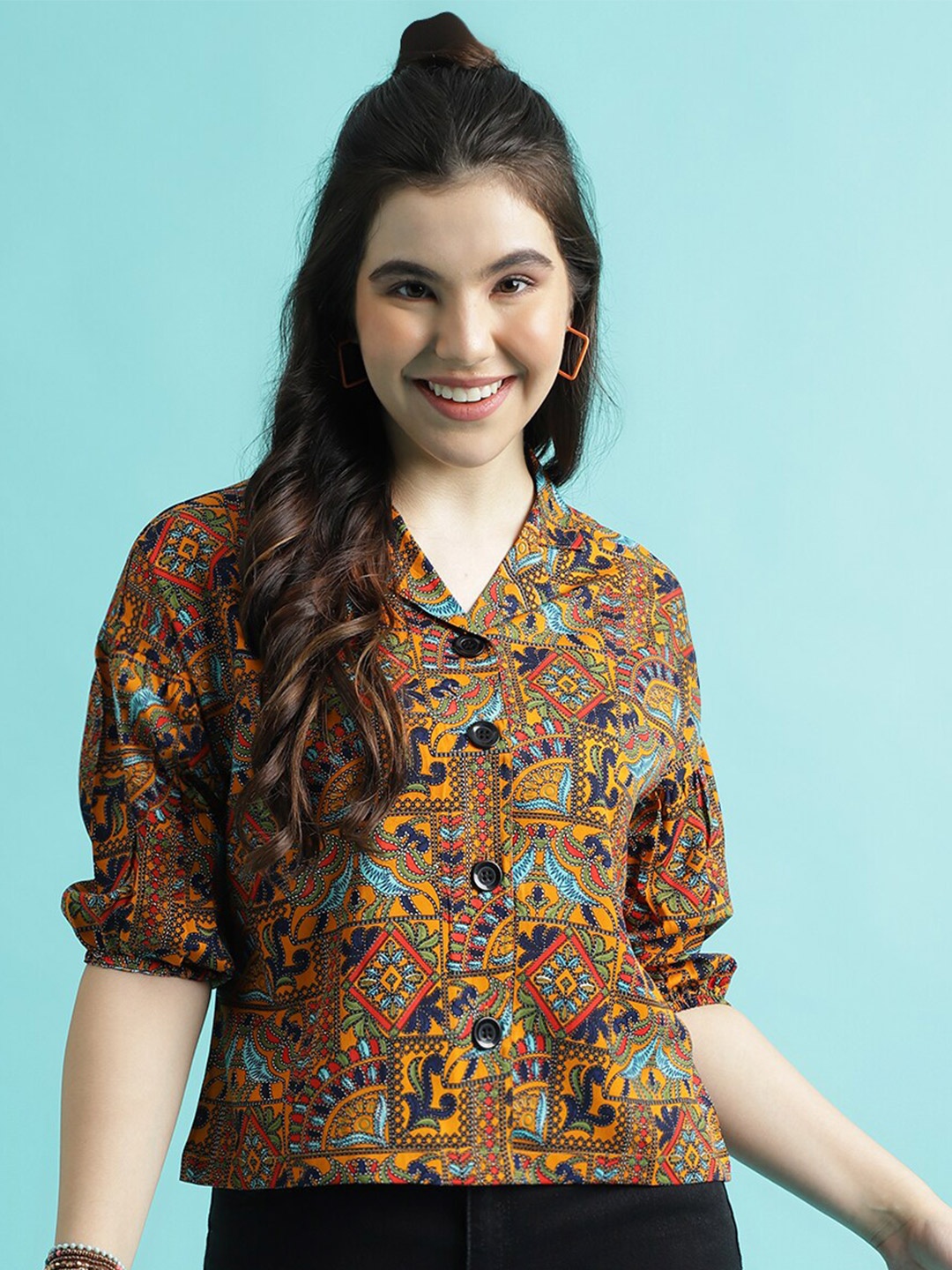 

DressBerry Yellow Ethnic Motifs Printed Shirt Collar Puff Sleeve Shirt Style Top, Mustard