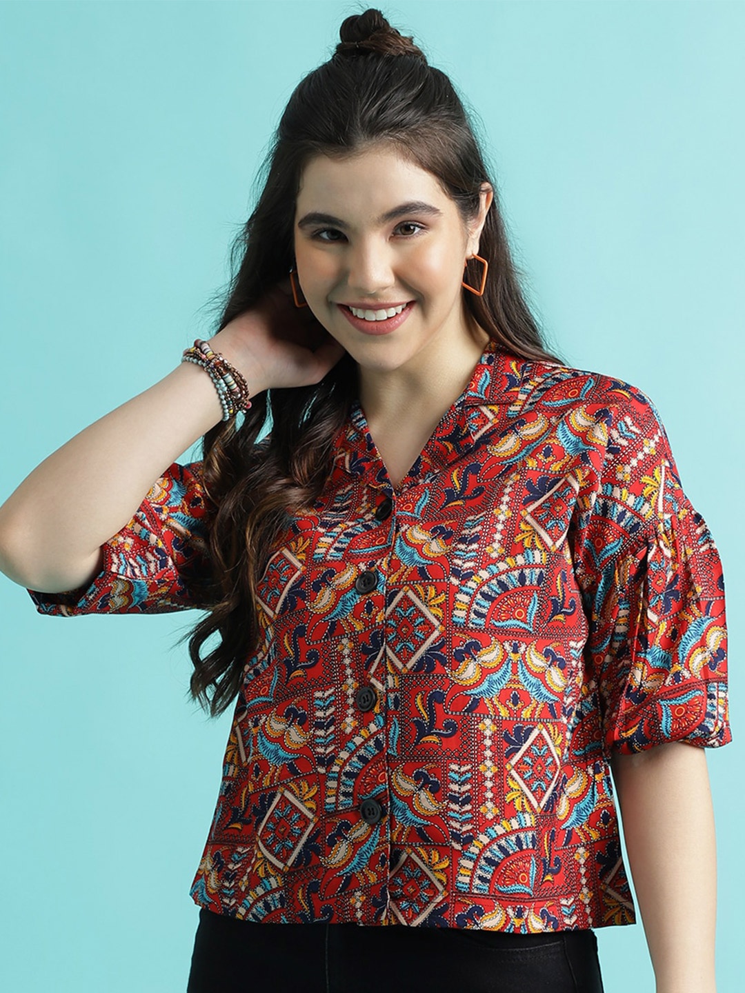 

DressBerry Red Ethnic Motifs Printed Shirt Collar Puff Sleeve Shirt Style Top