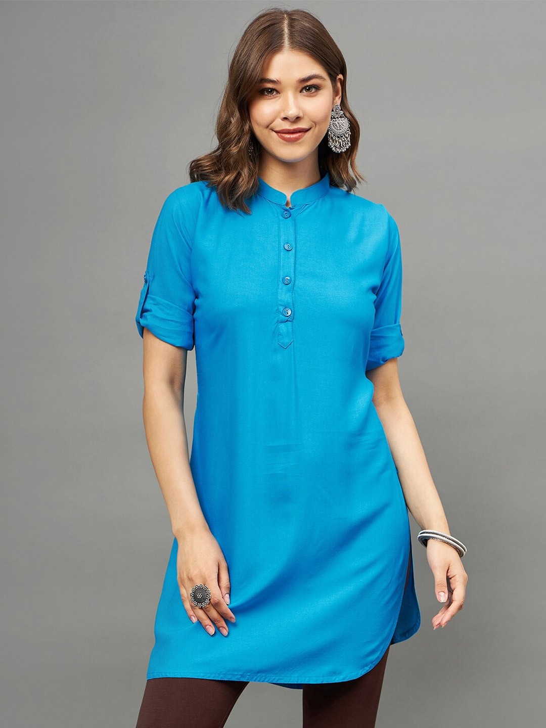 

THE PAJAMA FACTORY Mandarin Collar Short Sleeves Kurti, Blue