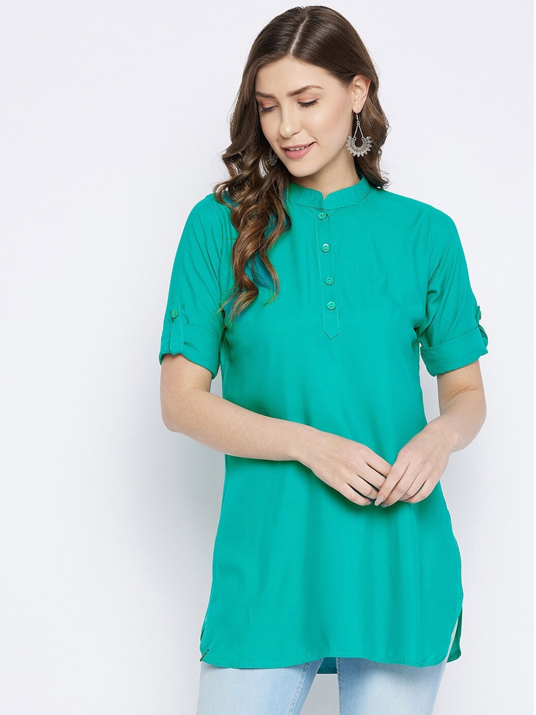 

THE PAJAMA FACTORY Mandarin Collar Short Sleeves Kurti, Sea green