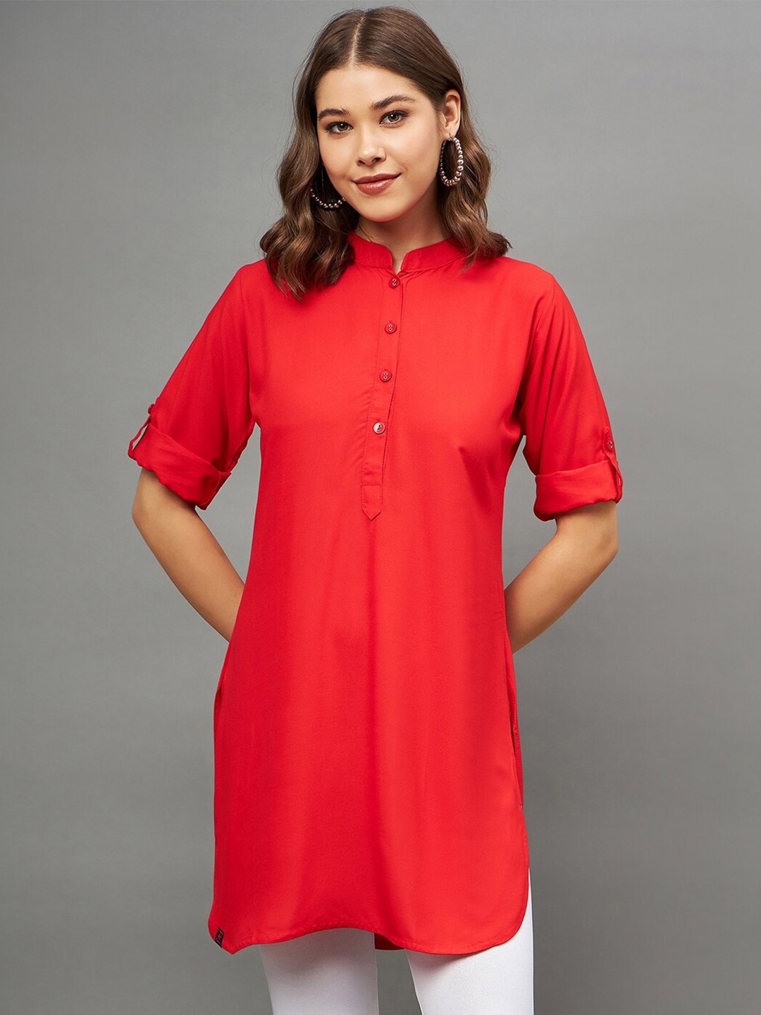 

THE PAJAMA FACTORY Mandarin Collar Straight Kurti, Red