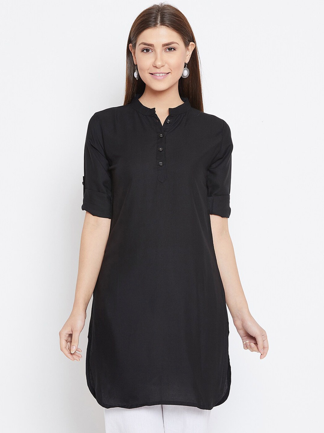

THE PAJAMA FACTORY Mandarin Collar Short Sleeves Kurti, Black
