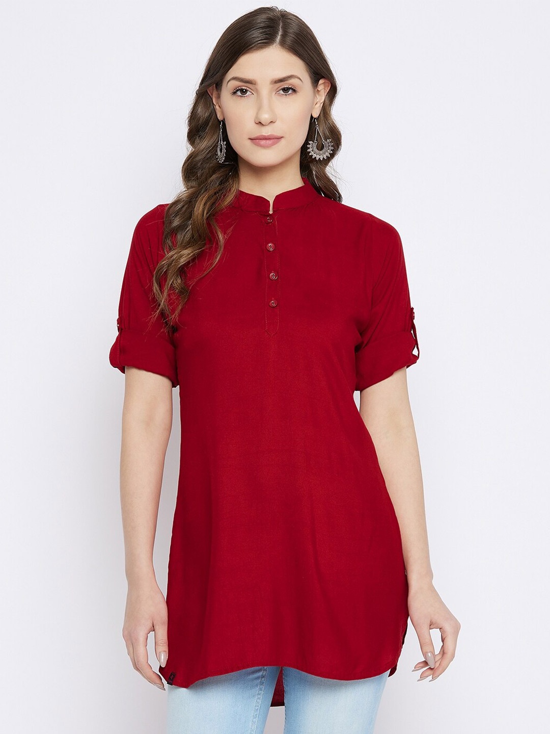 

THE PAJAMA FACTORY Mandarin Collar Short Sleeves Kurti, Maroon